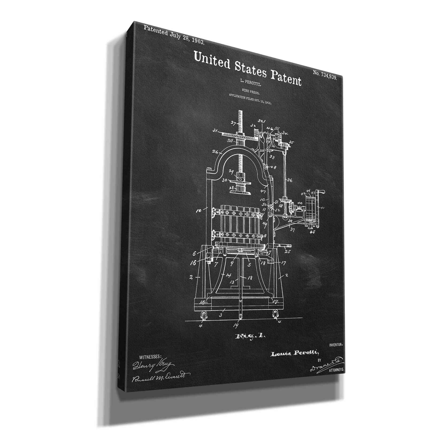 'Wine Press Blueprint Patent Chalkboard,' Canvas Wall Art,12x16x1.1x0,18x26x1.1x0,26x34x1.74x0,40x54x1.74x0