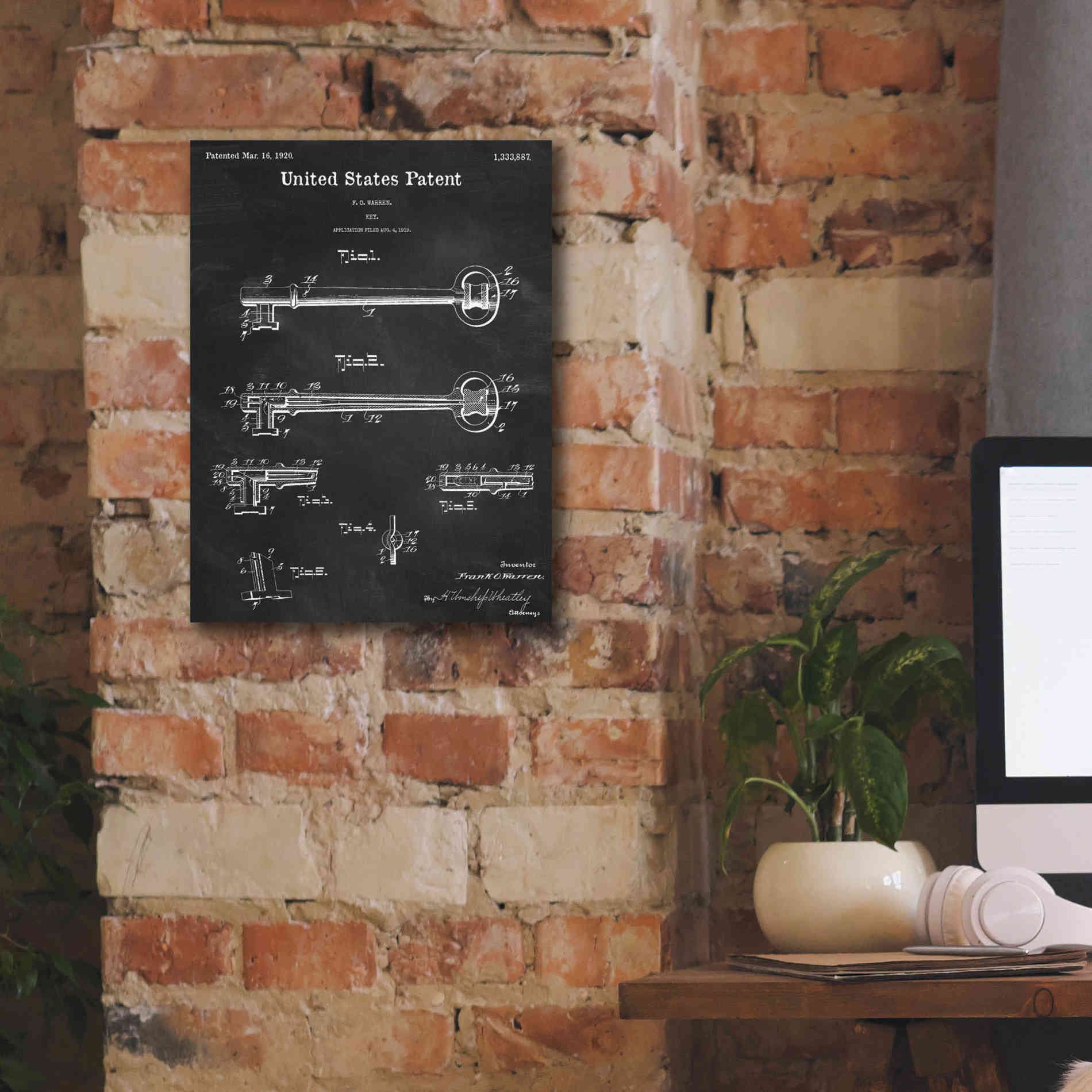 'Vintage Key Blueprint Patent Chalkboard,' Canvas Wall Art,12 x 16