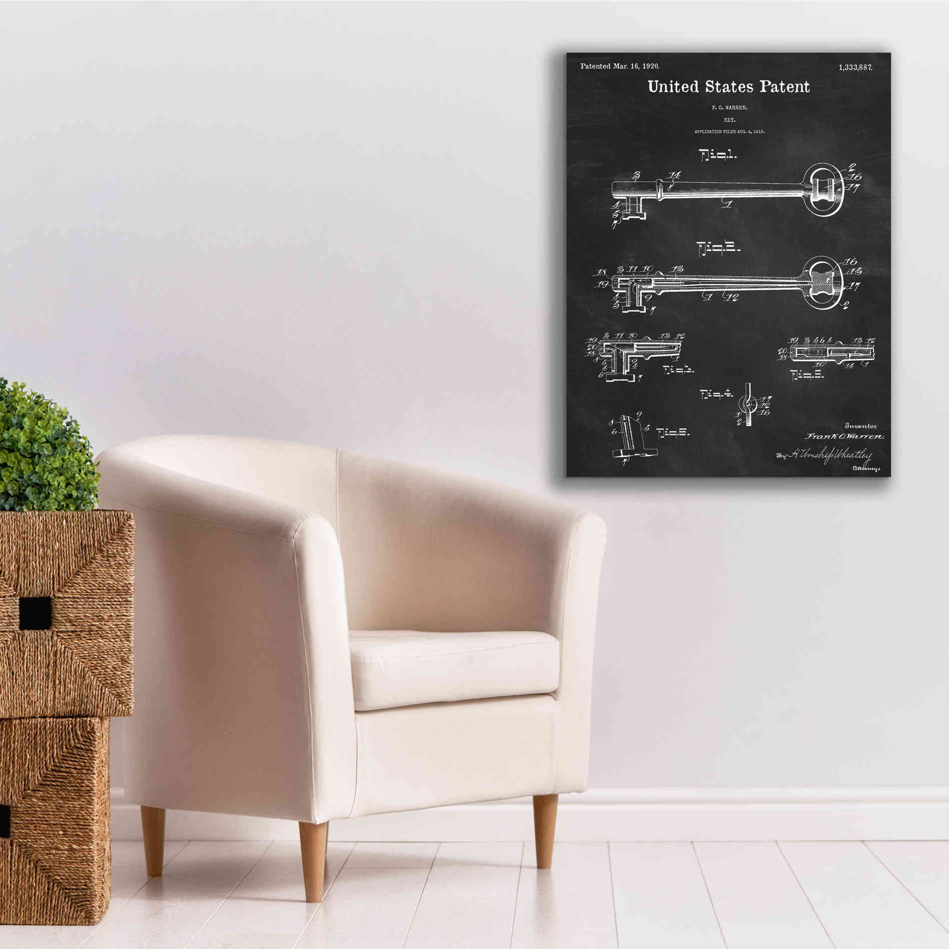 'Vintage Key Blueprint Patent Chalkboard,' Canvas Wall Art,26 x 34