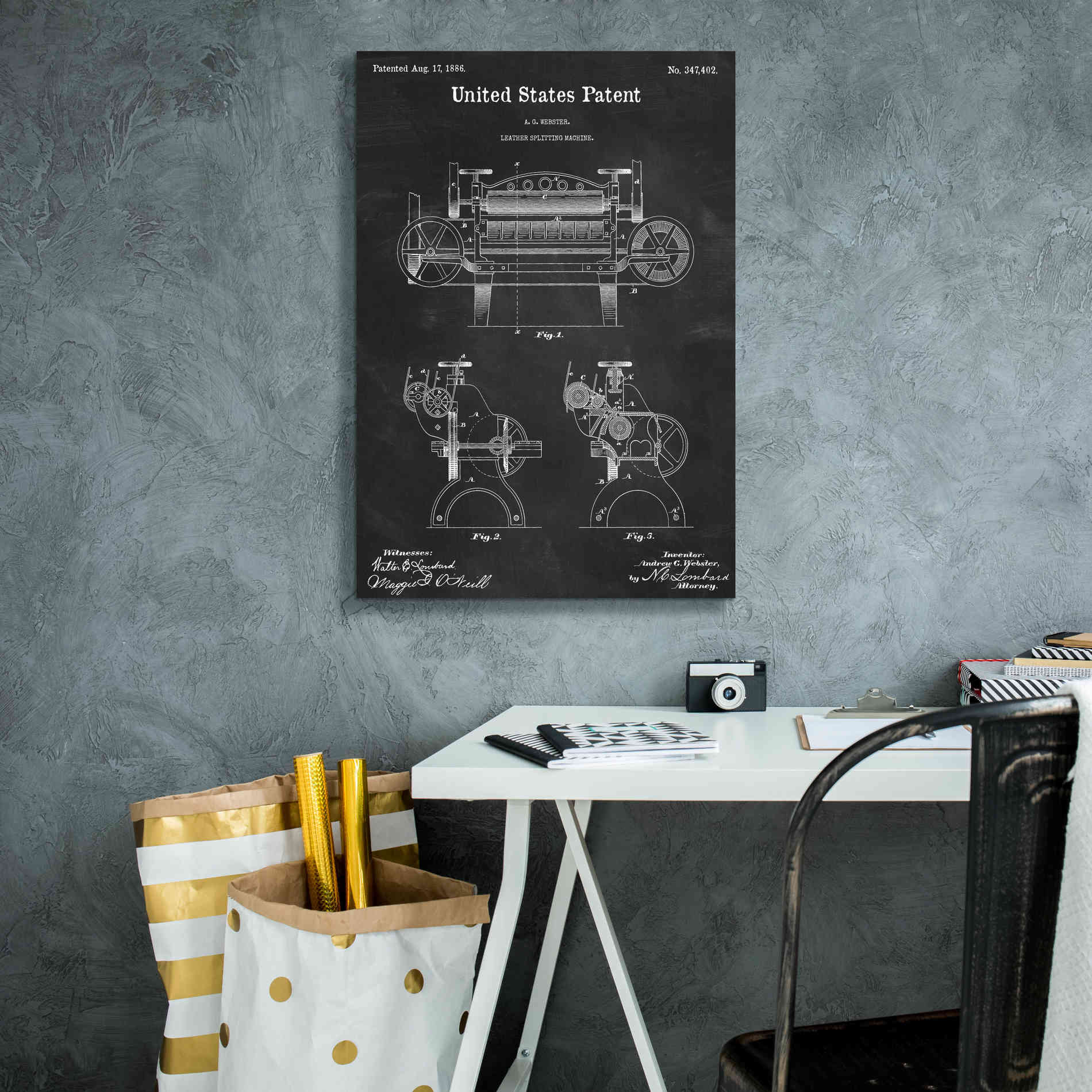 'Leather Splitting Machine Blueprint Patent Chalkboard,' Canvas Wall Art,18 x 26