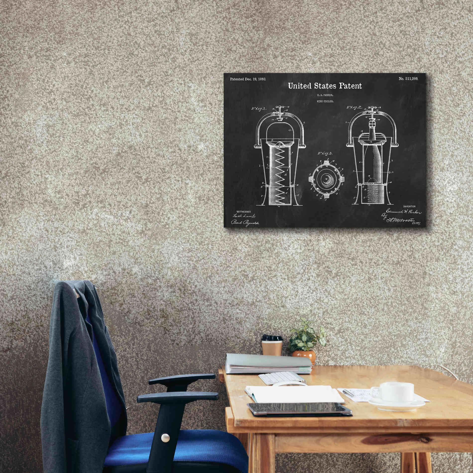'Wine Cooler Blueprint Patent Chalkboard,' Canvas Wall Art,34 x 26