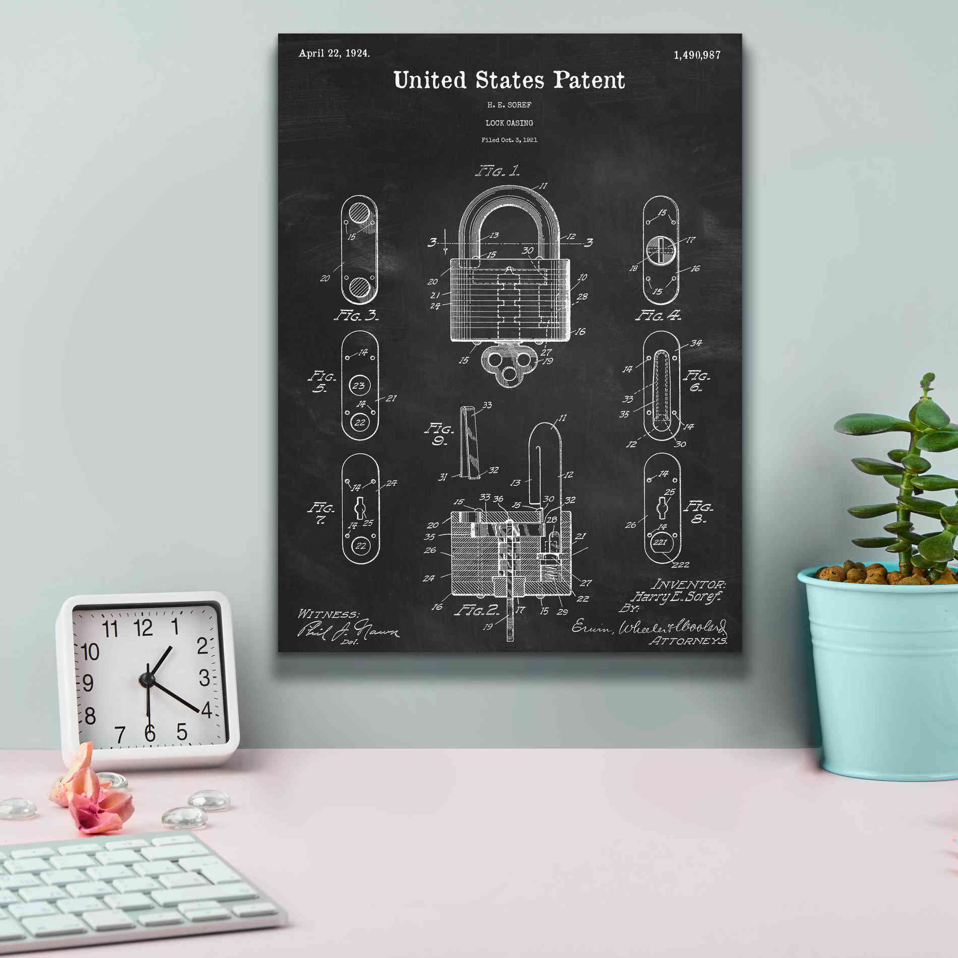 'Lock Blueprint Patent Chalkboard,' Canvas Wall Art,12 x 16