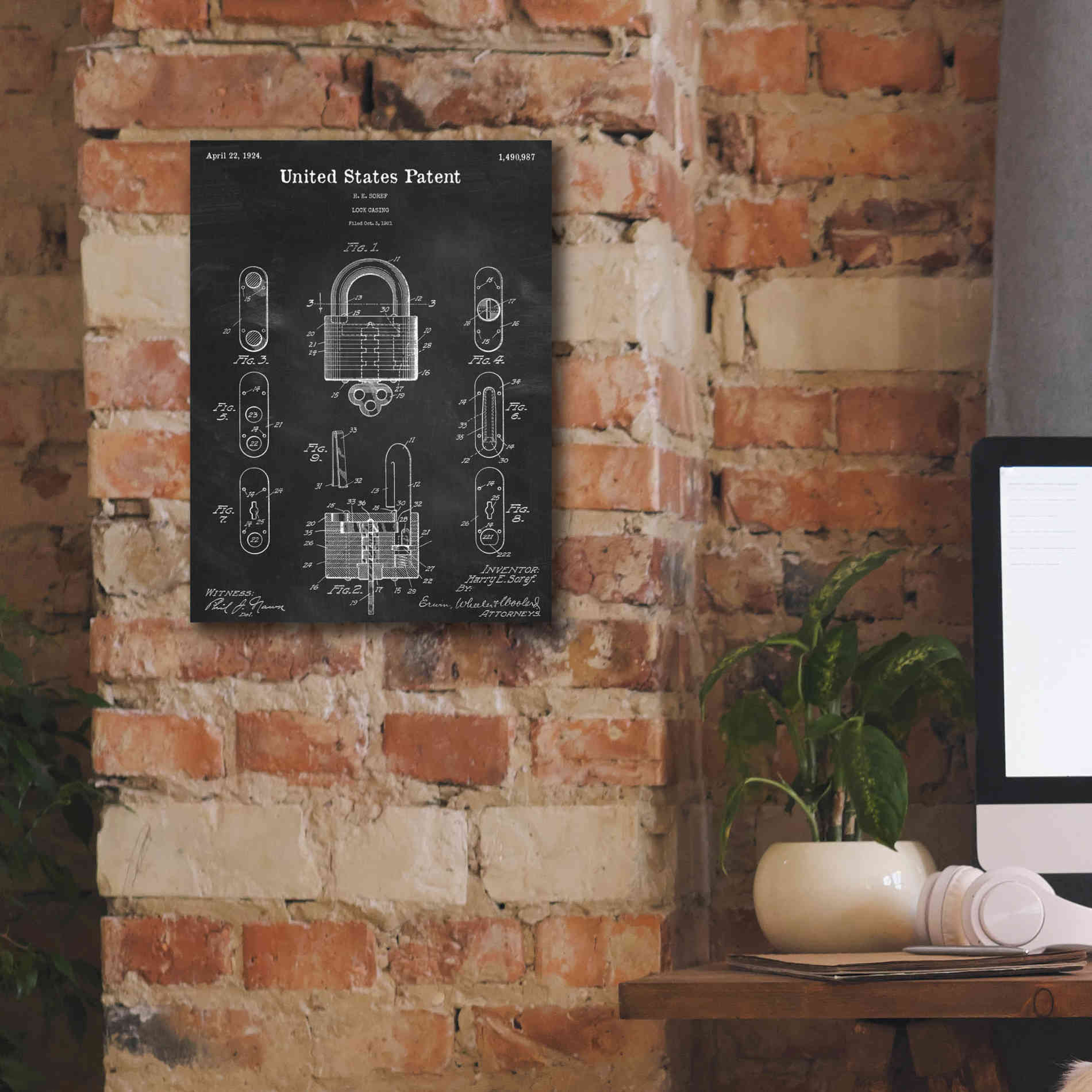 'Lock Blueprint Patent Chalkboard,' Canvas Wall Art,12 x 16