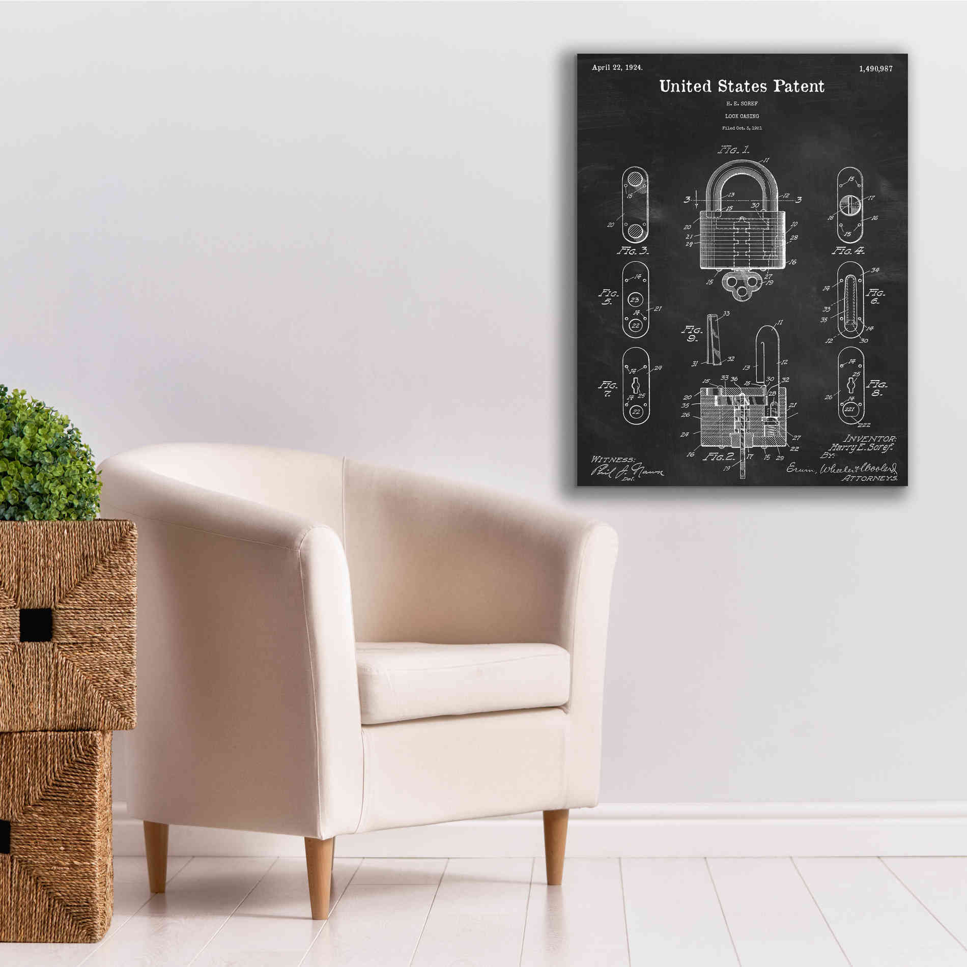 'Lock Blueprint Patent Chalkboard,' Canvas Wall Art,26 x 34