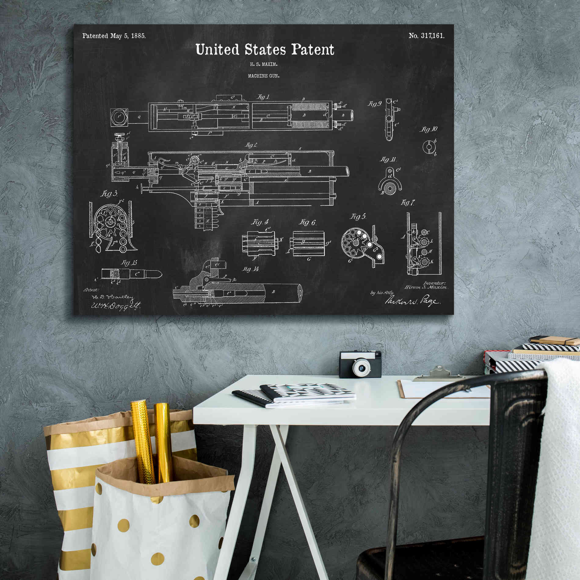 'Machine Gun Blueprint Patent Chalkboard,' Canvas Wall Art,34 x 26