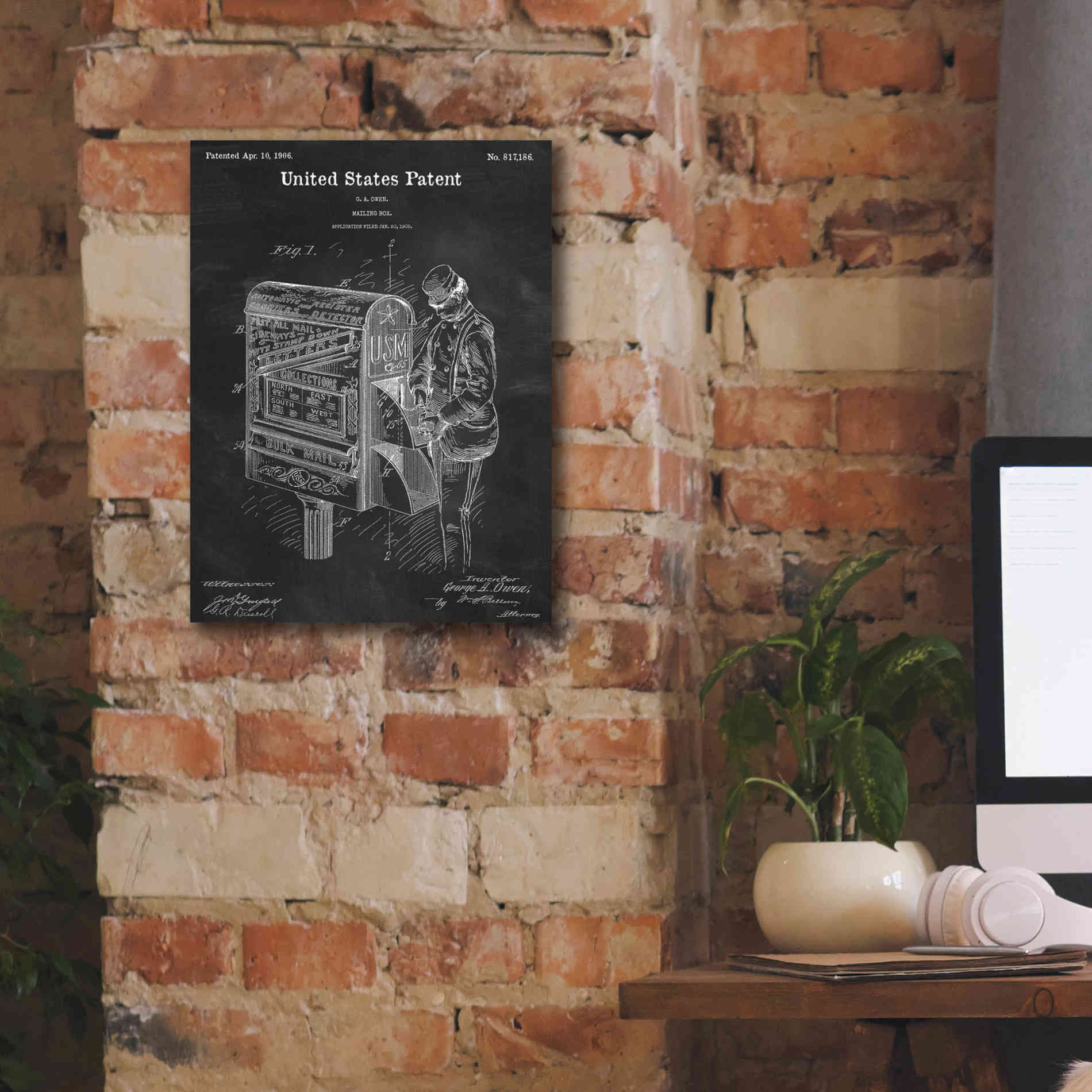 'Mailbox Blueprint Patent Chalkboard,' Canvas Wall Art,12 x 16