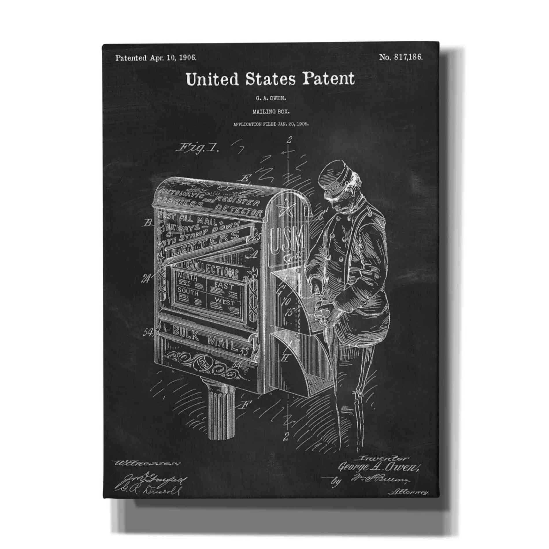 'Mailbox Blueprint Patent Chalkboard,' Canvas Wall Art,12x16x1.1x0,18x26x1.1x0,26x34x1.74x0,40x54x1.74x0