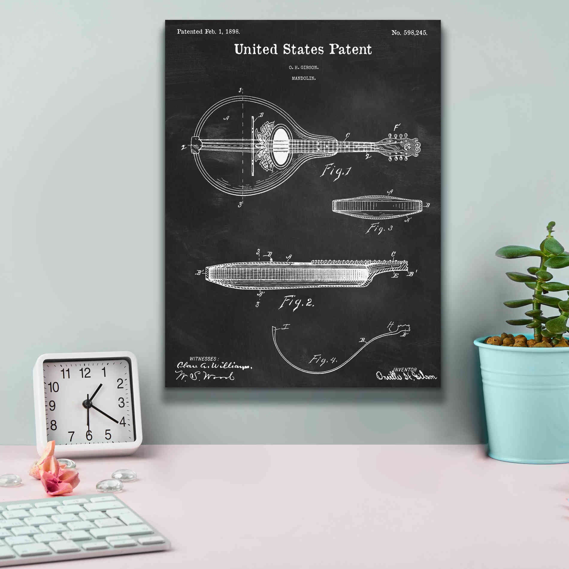 'Mandolin Blueprint Patent Chalkboard,' Canvas Wall Art,12 x 16