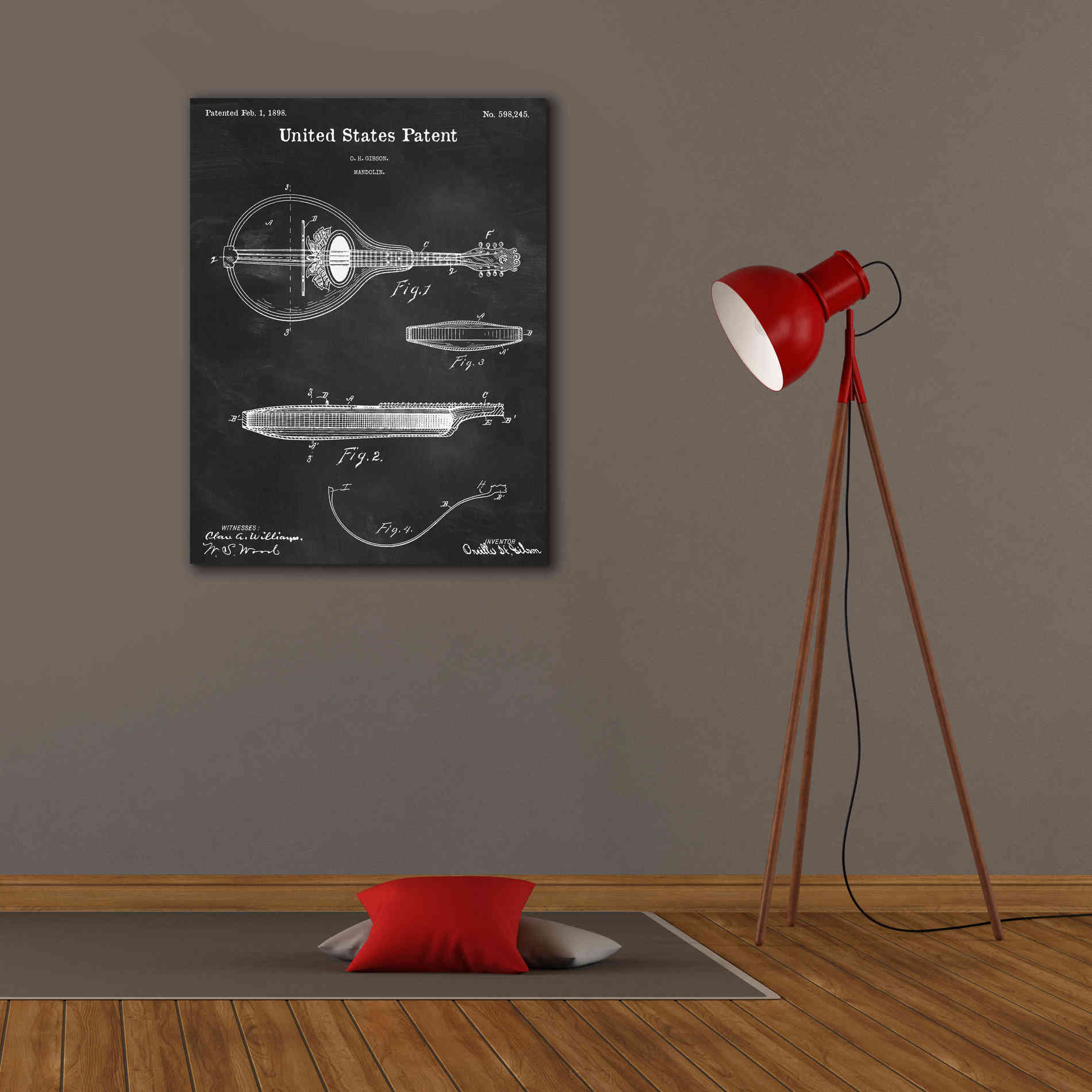 'Mandolin Blueprint Patent Chalkboard,' Canvas Wall Art,26 x 34