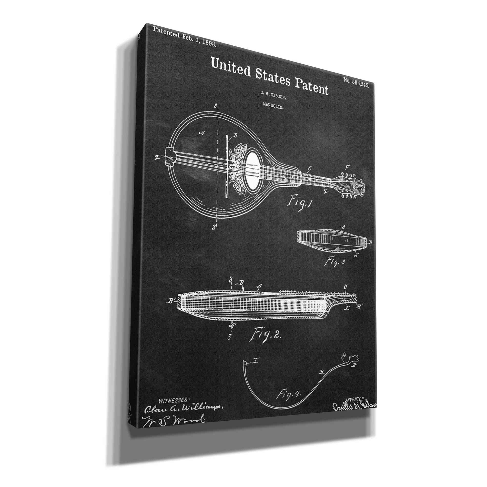 'Mandolin Blueprint Patent Chalkboard,' Canvas Wall Art,12x16x1.1x0,18x26x1.1x0,26x34x1.74x0,40x54x1.74x0