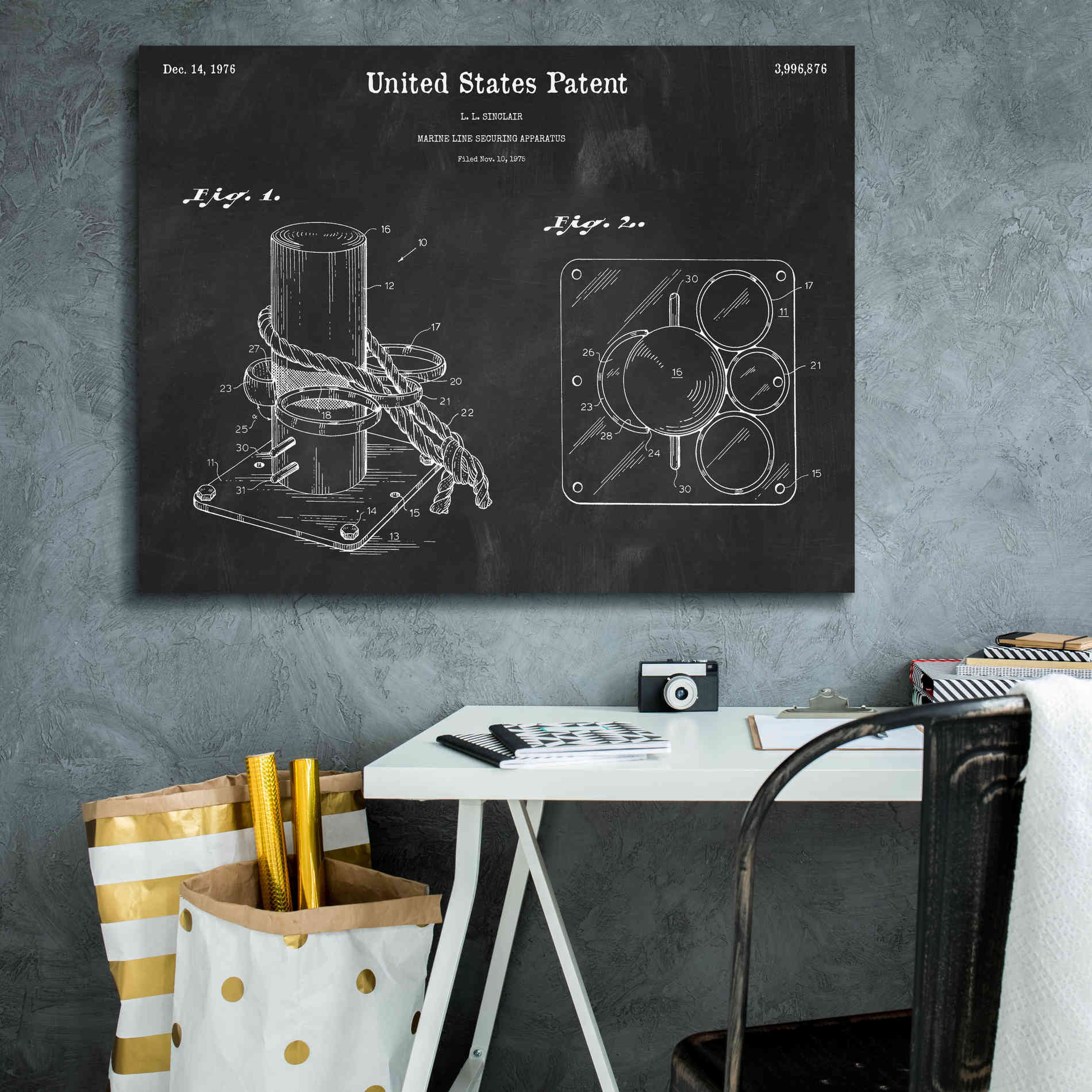 'Marine Line Secure Device Blueprint Patent Chalkboard,' Canvas Wall Art,34 x 26
