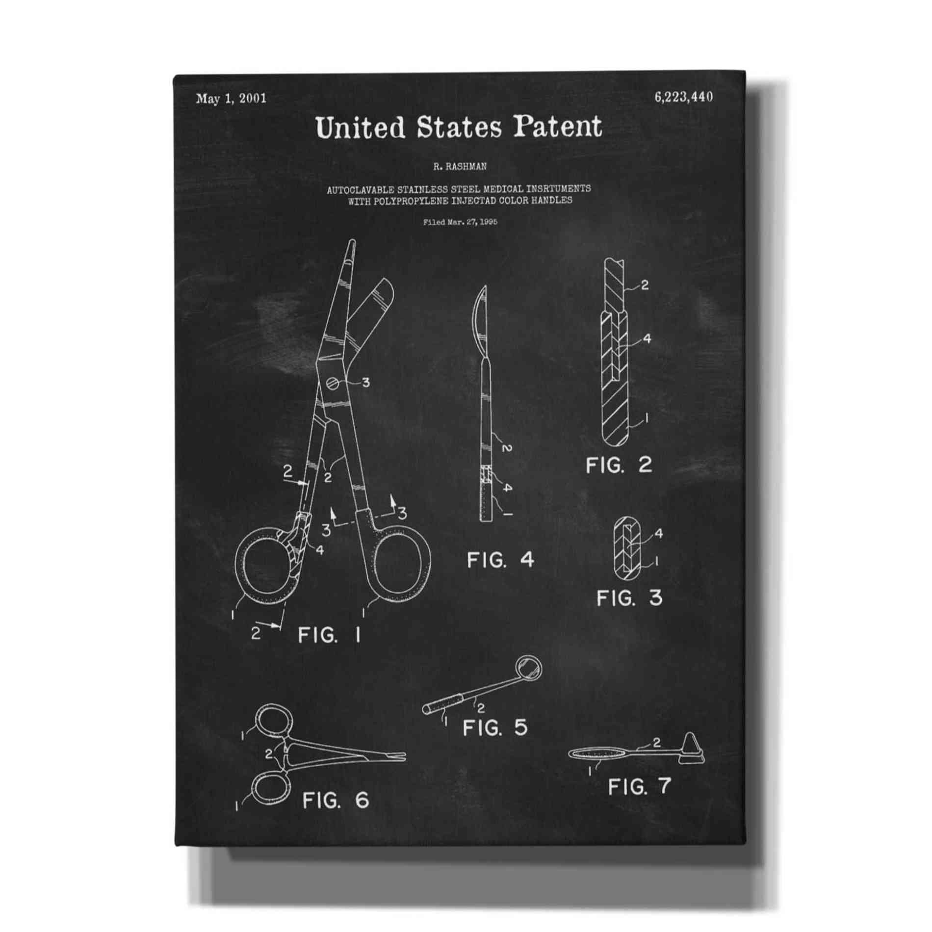 'Medical Instruments Blueprint Patent Chalkboard,' Canvas Wall Art,12x16x1.1x0,18x26x1.1x0,26x34x1.74x0,40x54x1.74x0