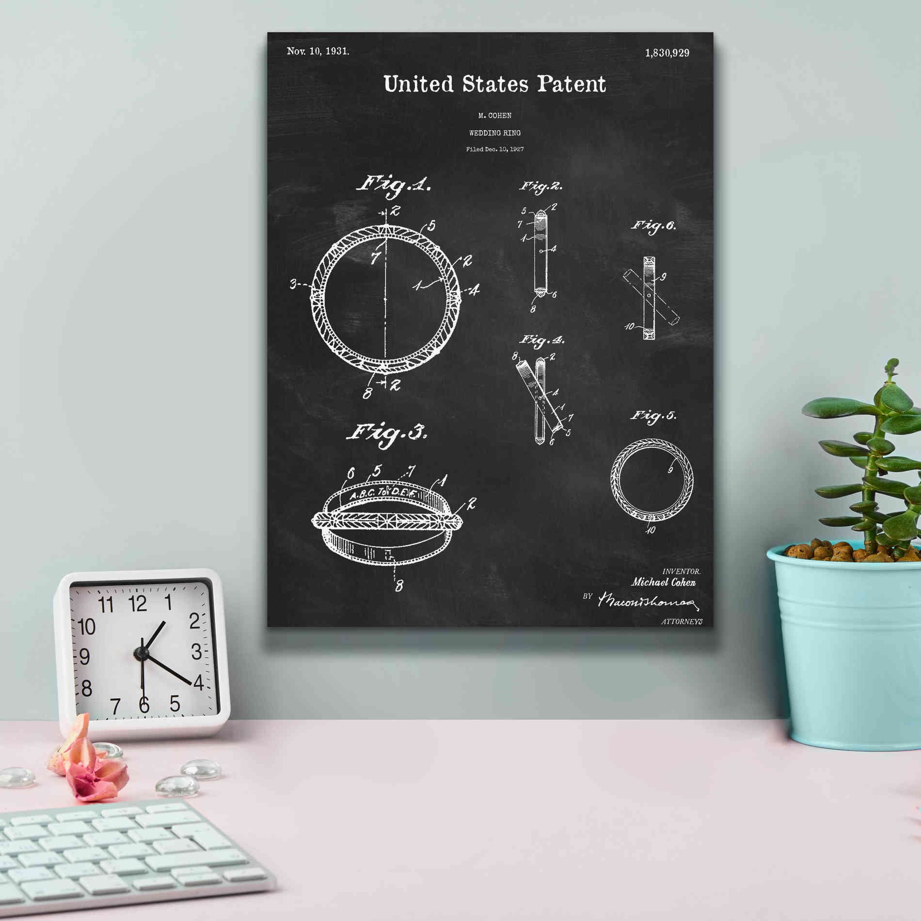 'Wedding Ring Blueprint Patent Chalkboard,' Canvas Wall Art,12 x 16