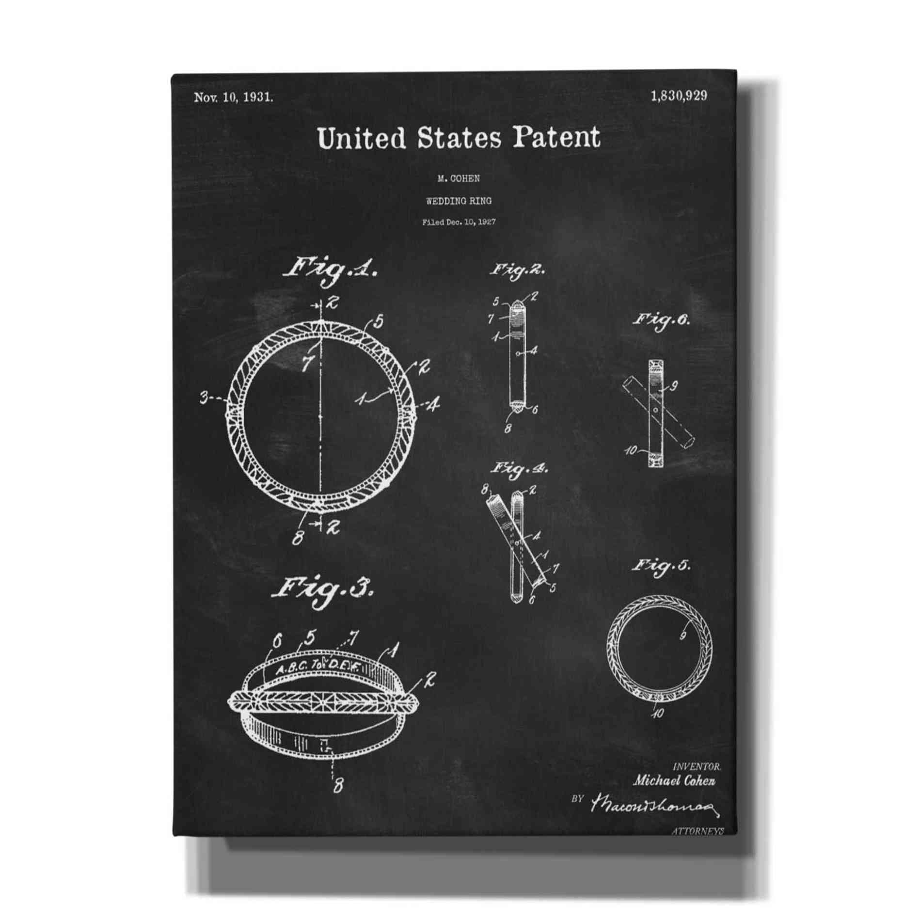'Wedding Ring Blueprint Patent Chalkboard,' Canvas Wall Art,12x16x1.1x0,18x26x1.1x0,26x34x1.74x0,40x54x1.74x0