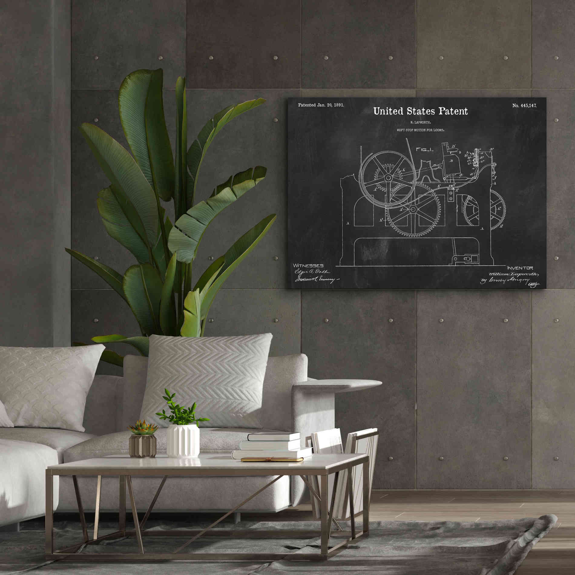 'Weft Stop Motion for Looms Blueprint Patent Chalkboard,' Canvas Wall Art,54 x 40
