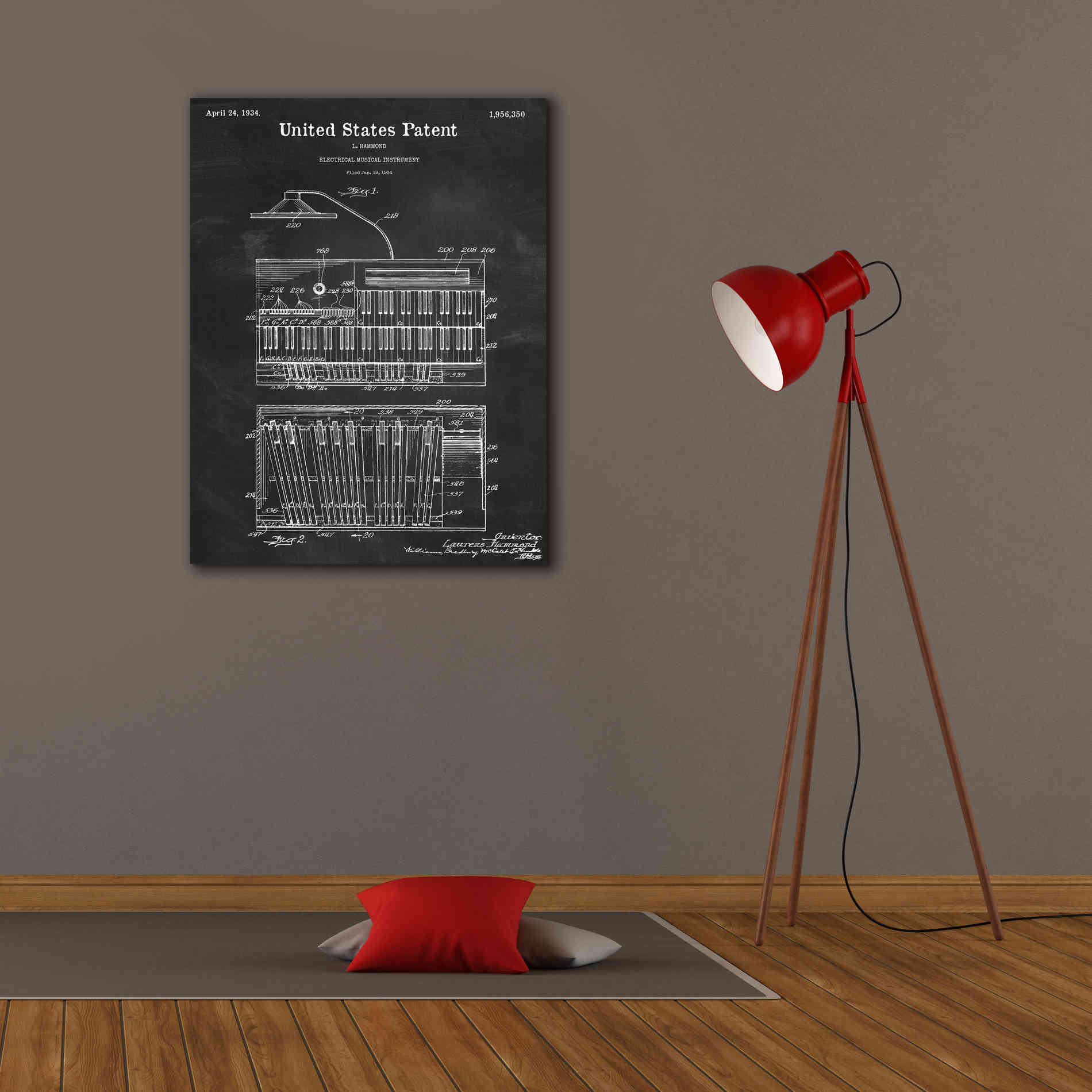 'Keyboard Instrument Blueprint Patent Chalkboard,' Canvas Wall Art,26 x 34