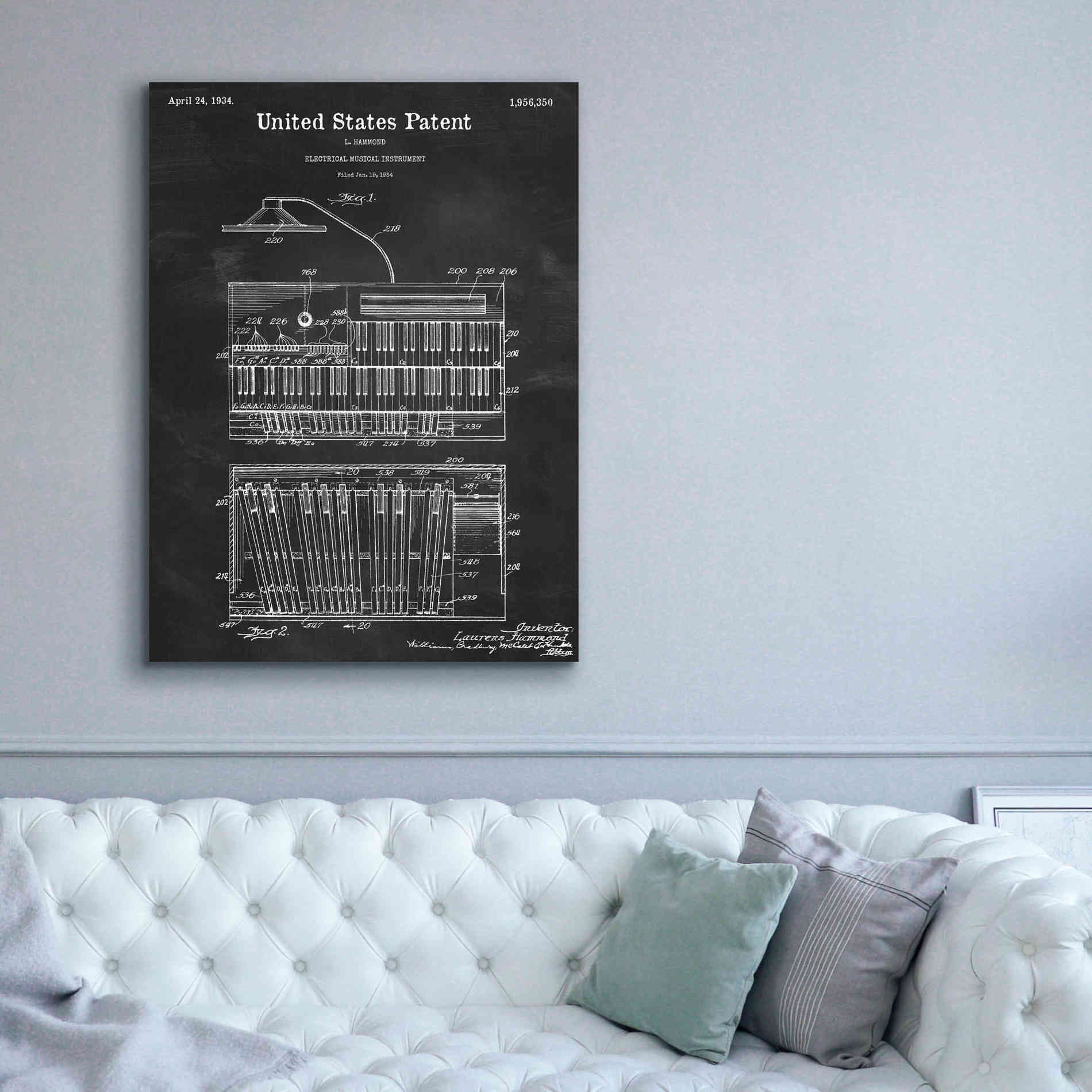 'Keyboard Instrument Blueprint Patent Chalkboard,' Canvas Wall Art,40 x 54