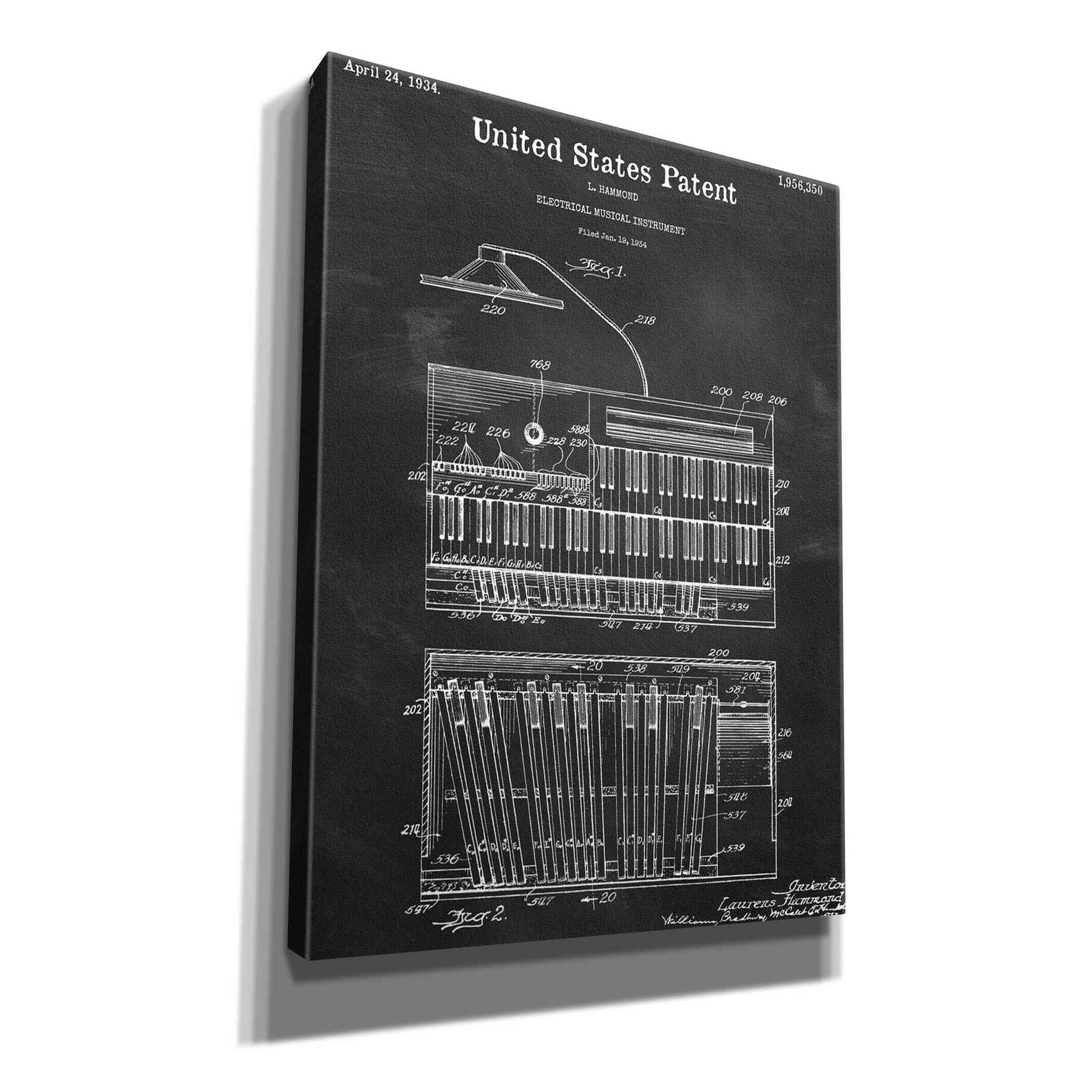 'Keyboard Instrument Blueprint Patent Chalkboard,' Canvas Wall Art,12x16x1.1x0,18x26x1.1x0,26x34x1.74x0,40x54x1.74x0