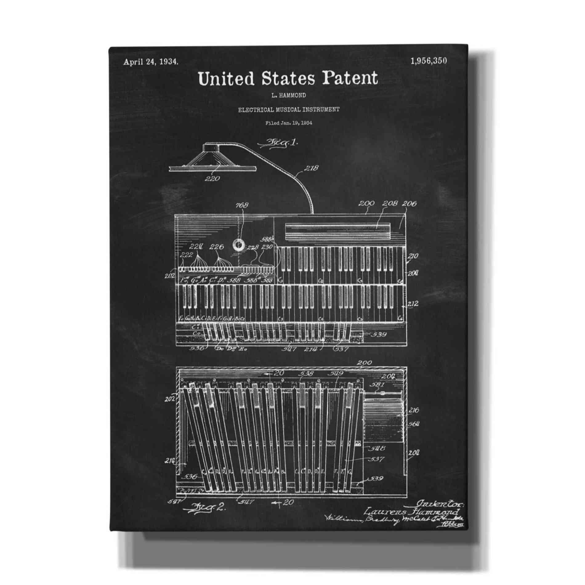 'Keyboard Instrument Blueprint Patent Chalkboard,' Canvas Wall Art,12x16x1.1x0,18x26x1.1x0,26x34x1.74x0,40x54x1.74x0