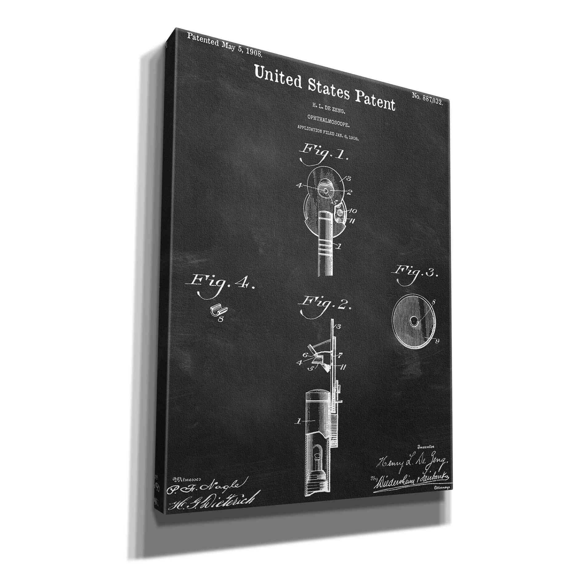 'Ophthalmoscope Blueprint Patent Chalkboard,' Canvas Wall Art,12x16x1.1x0,18x26x1.1x0,26x34x1.74x0,40x54x1.74x0
