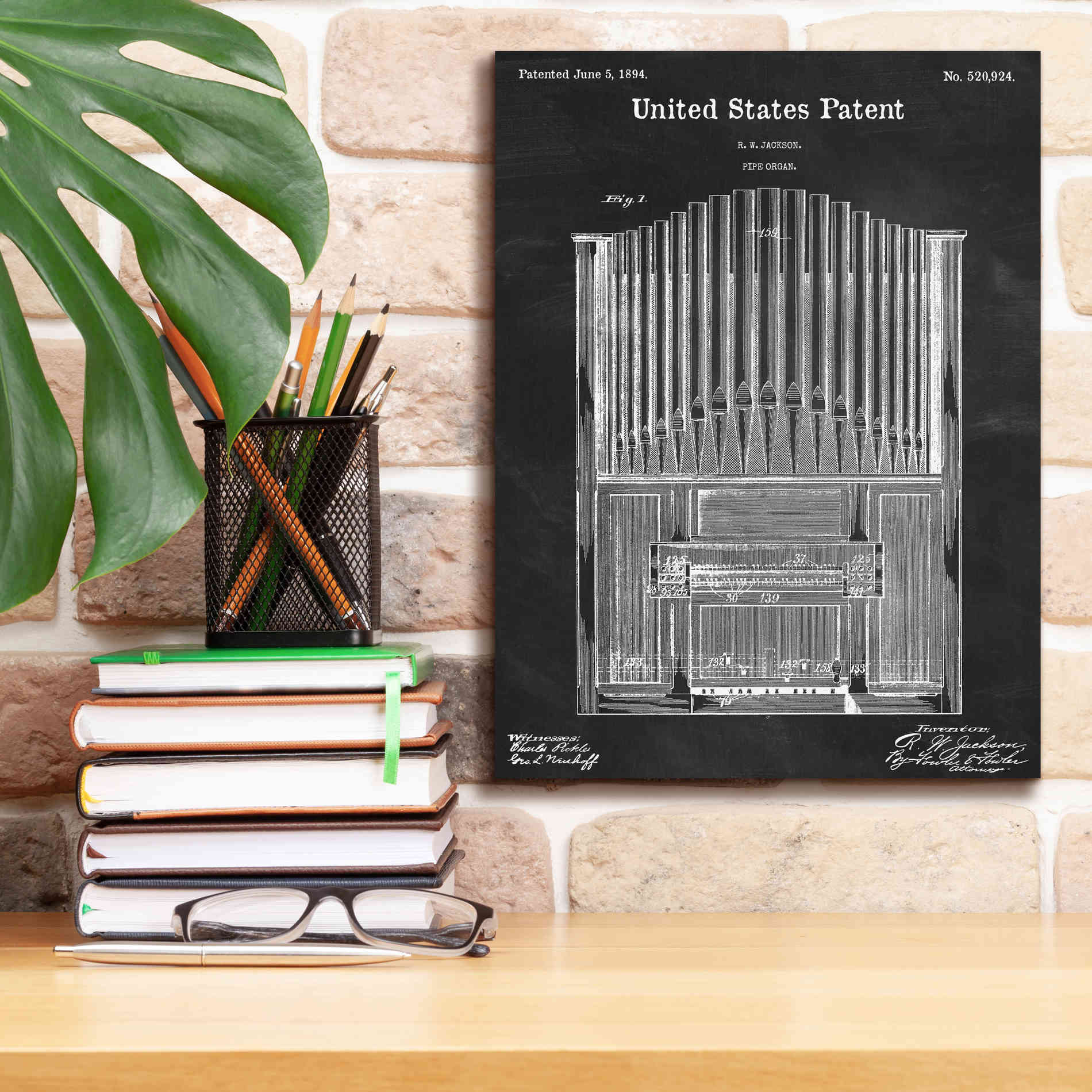 'Pipe Organ Blueprint Patent Chalkboard,' Canvas Wall Art,12 x 16