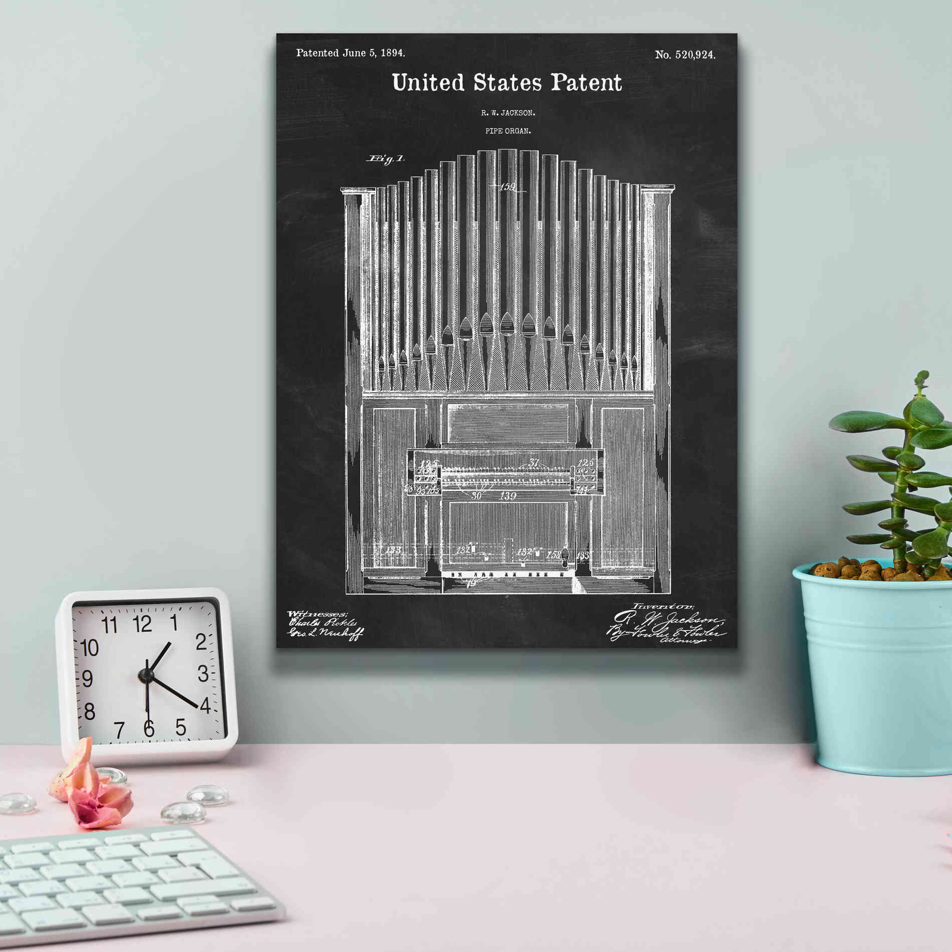 'Pipe Organ Blueprint Patent Chalkboard,' Canvas Wall Art,12 x 16