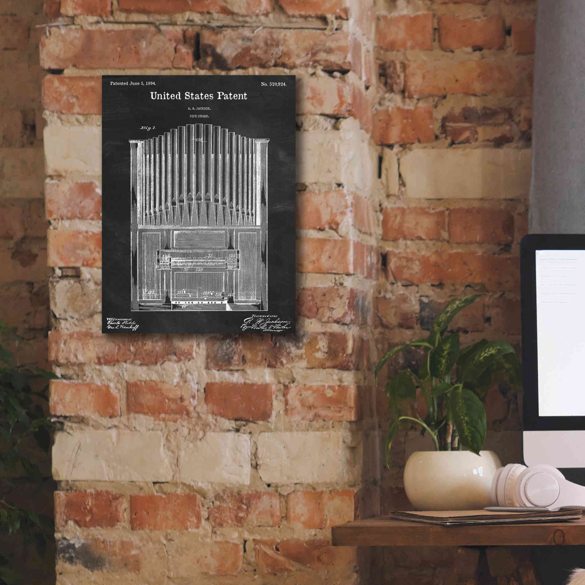 'Pipe Organ Blueprint Patent Chalkboard,' Canvas Wall Art,12 x 16