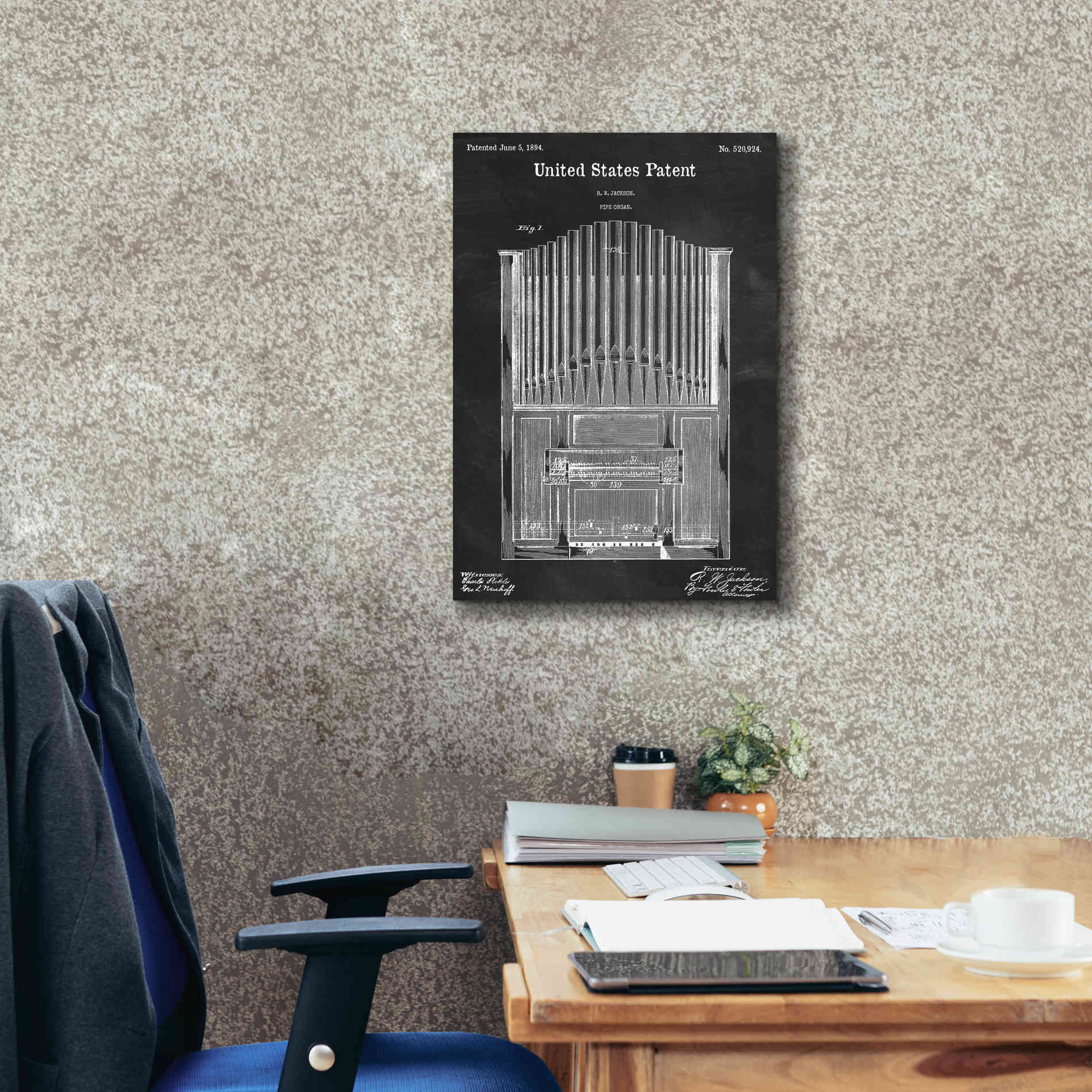 'Pipe Organ Blueprint Patent Chalkboard,' Canvas Wall Art,18 x 26