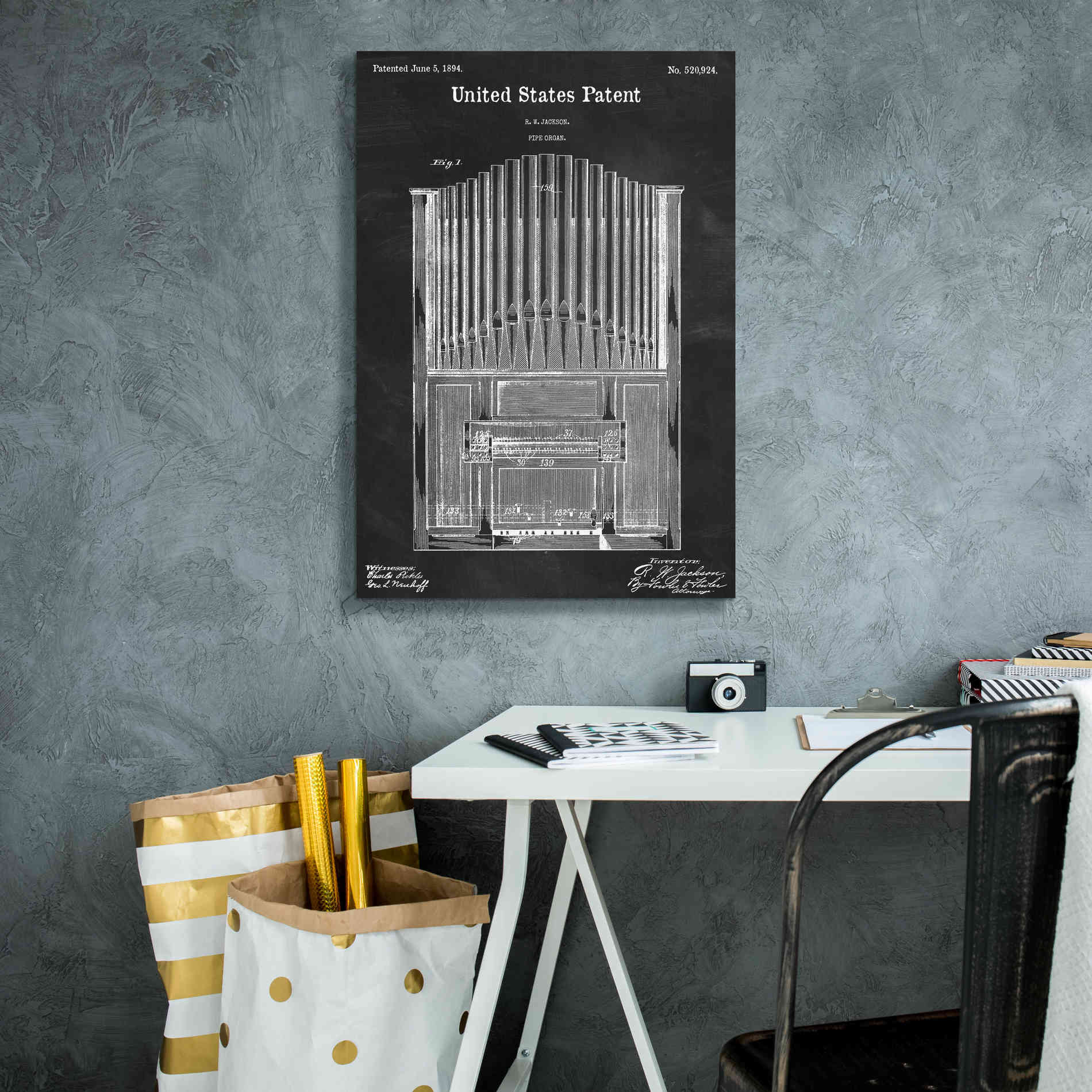 'Pipe Organ Blueprint Patent Chalkboard,' Canvas Wall Art,18 x 26