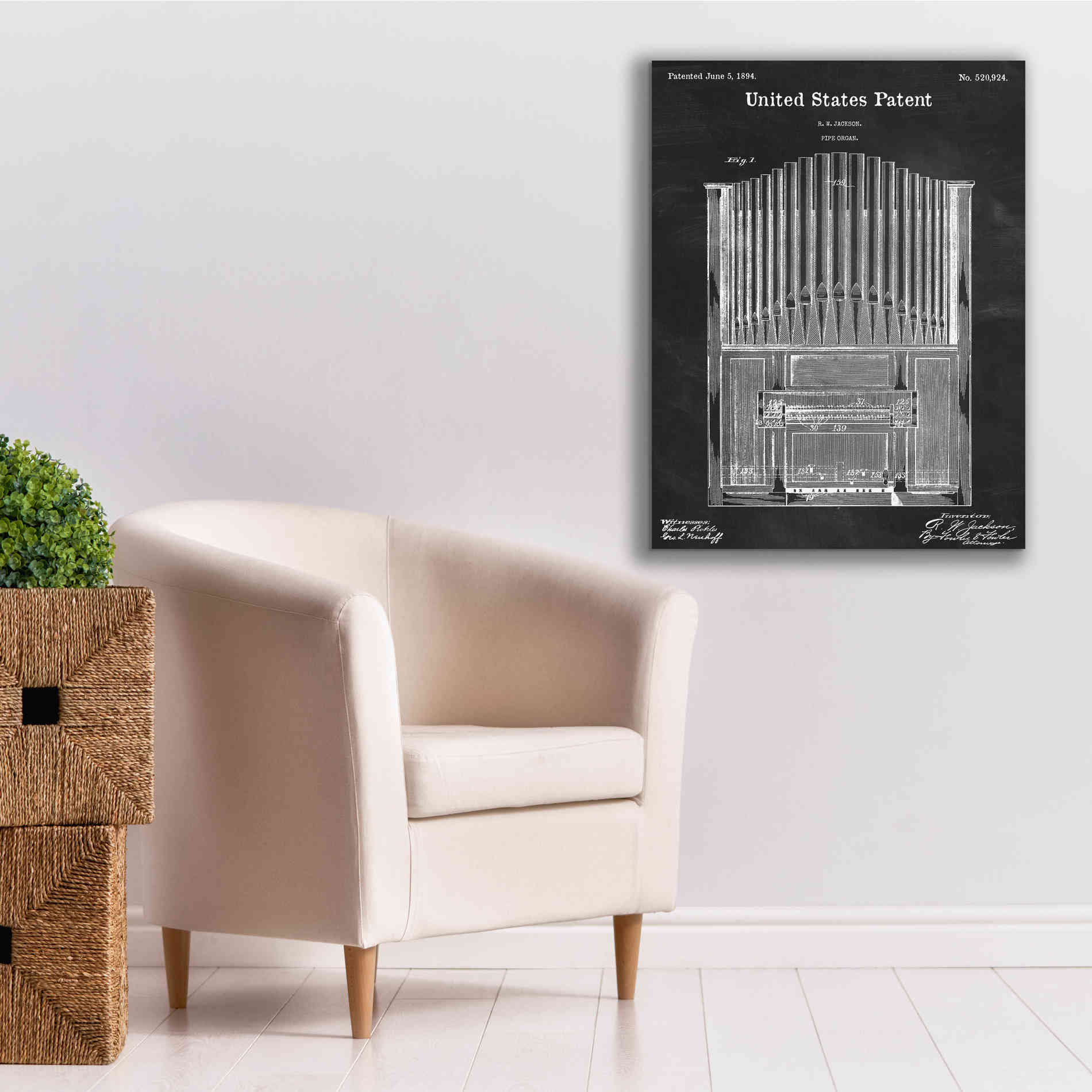 'Pipe Organ Blueprint Patent Chalkboard,' Canvas Wall Art,26 x 34
