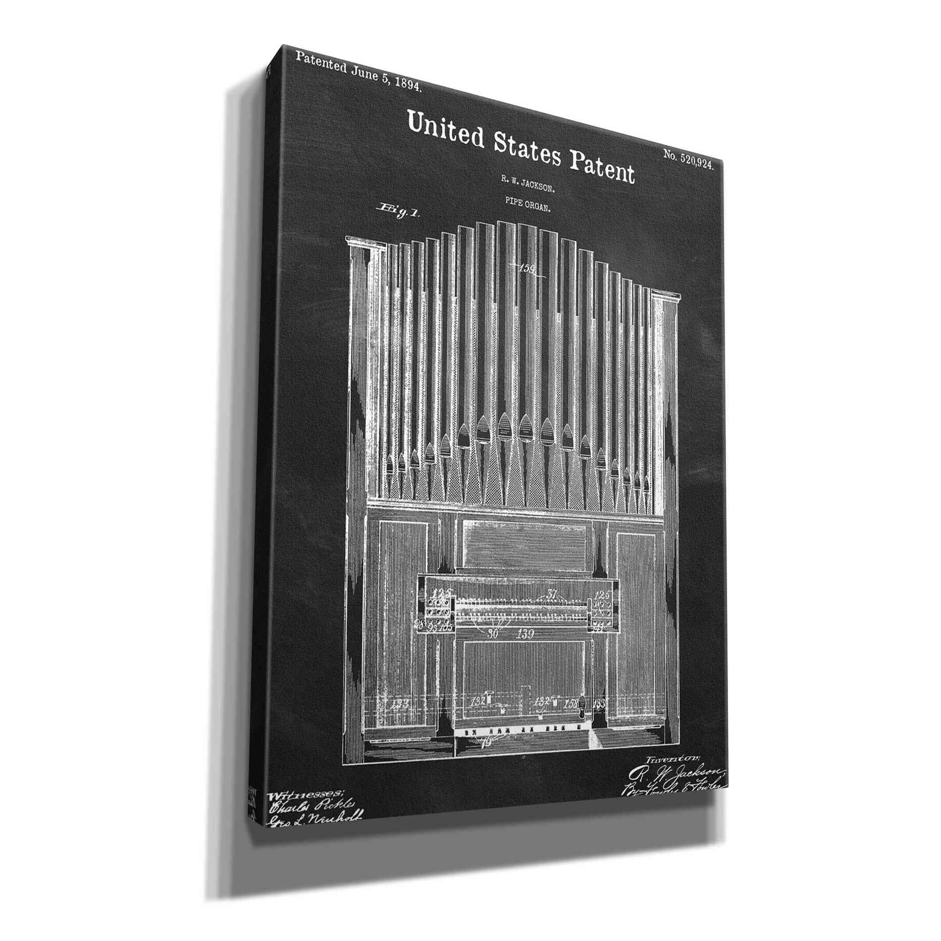 'Pipe Organ Blueprint Patent Chalkboard,' Canvas Wall Art,12x16x1.1x0,18x26x1.1x0,26x34x1.74x0,40x54x1.74x0