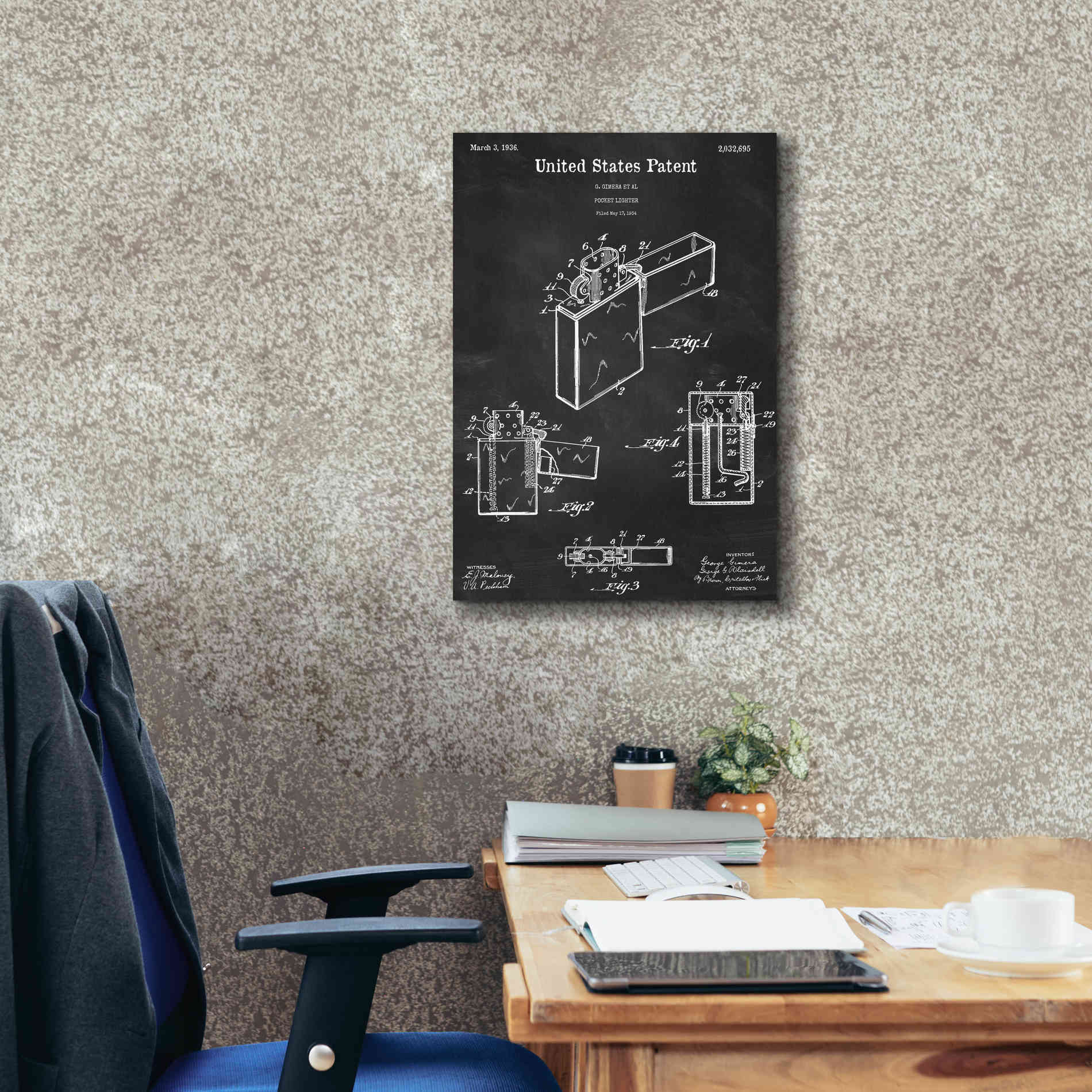 'Pocket Lighter Blueprint Patent Chalkboard,' Canvas Wall Art,18 x 26