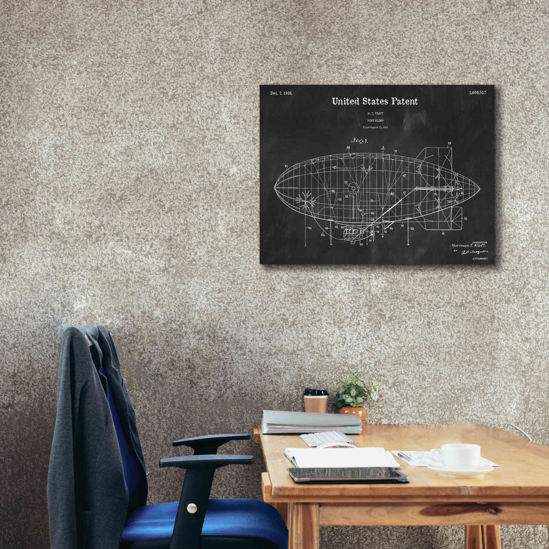 'Pony Blimp Blueprint Patent Chalkboard,' Canvas Wall Art,34 x 26