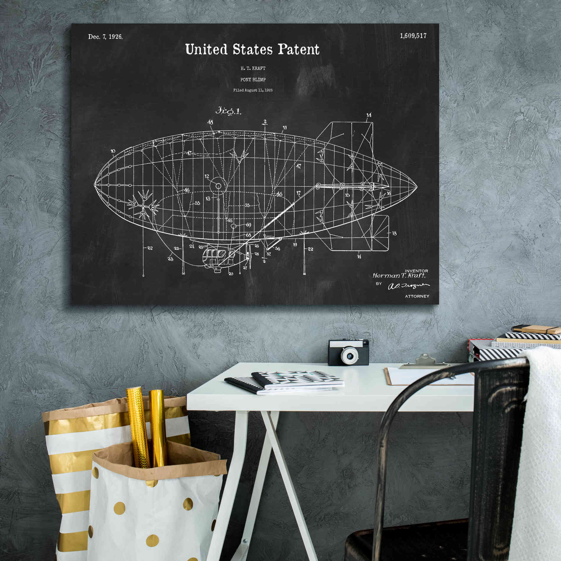 'Pony Blimp Blueprint Patent Chalkboard,' Canvas Wall Art,34 x 26