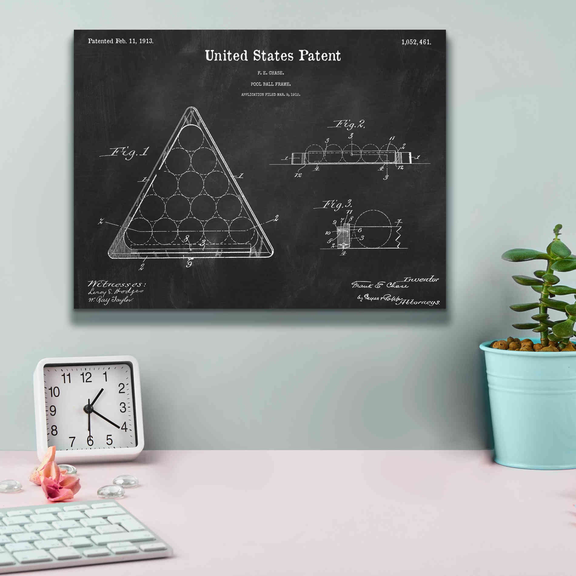 'Pool Ball Frame Blueprint Patent Chalkboard,' Canvas Wall Art,16 x 12