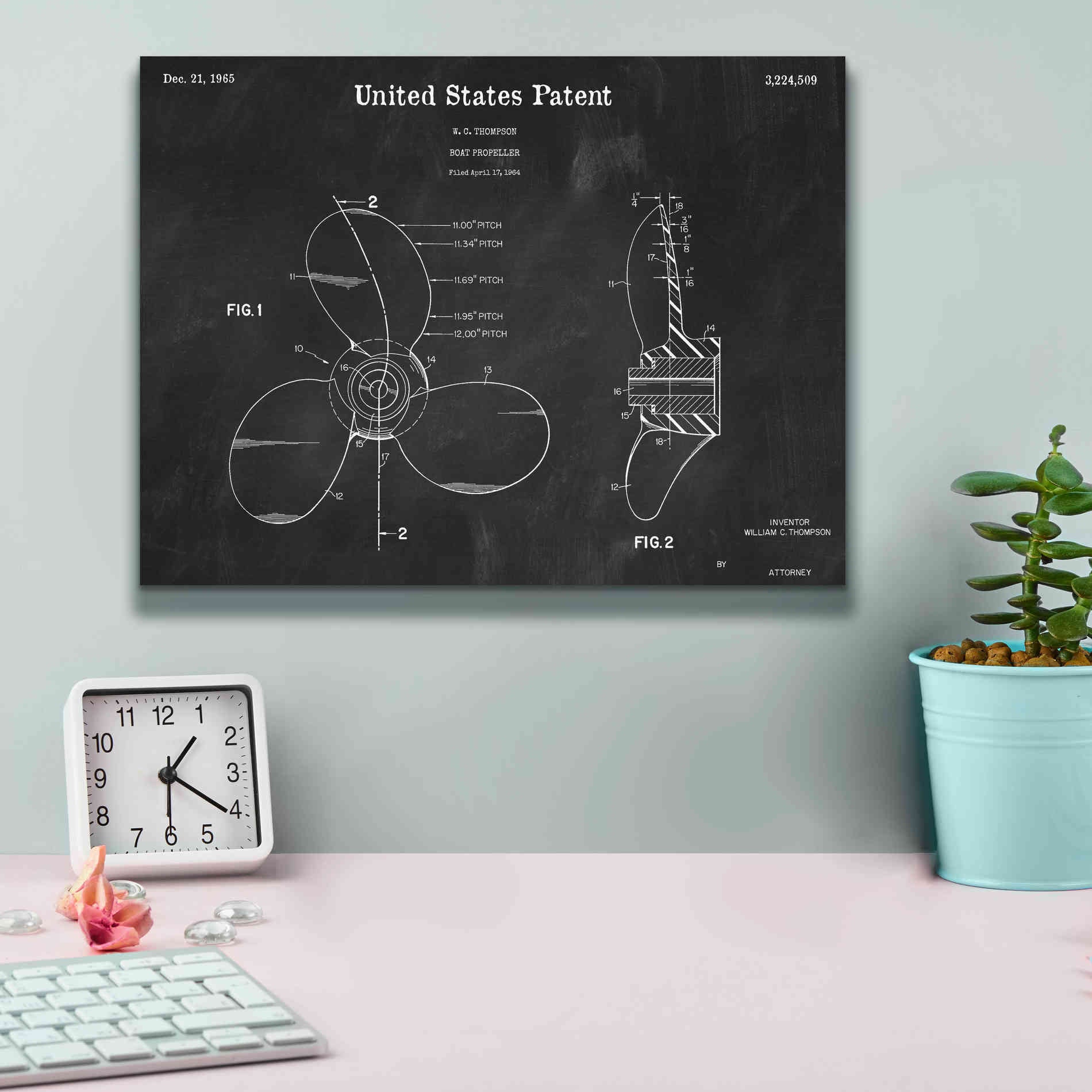 'Boat Propeller Blueprint Patent Chalkboard,' Canvas Wall Art,16 x 12
