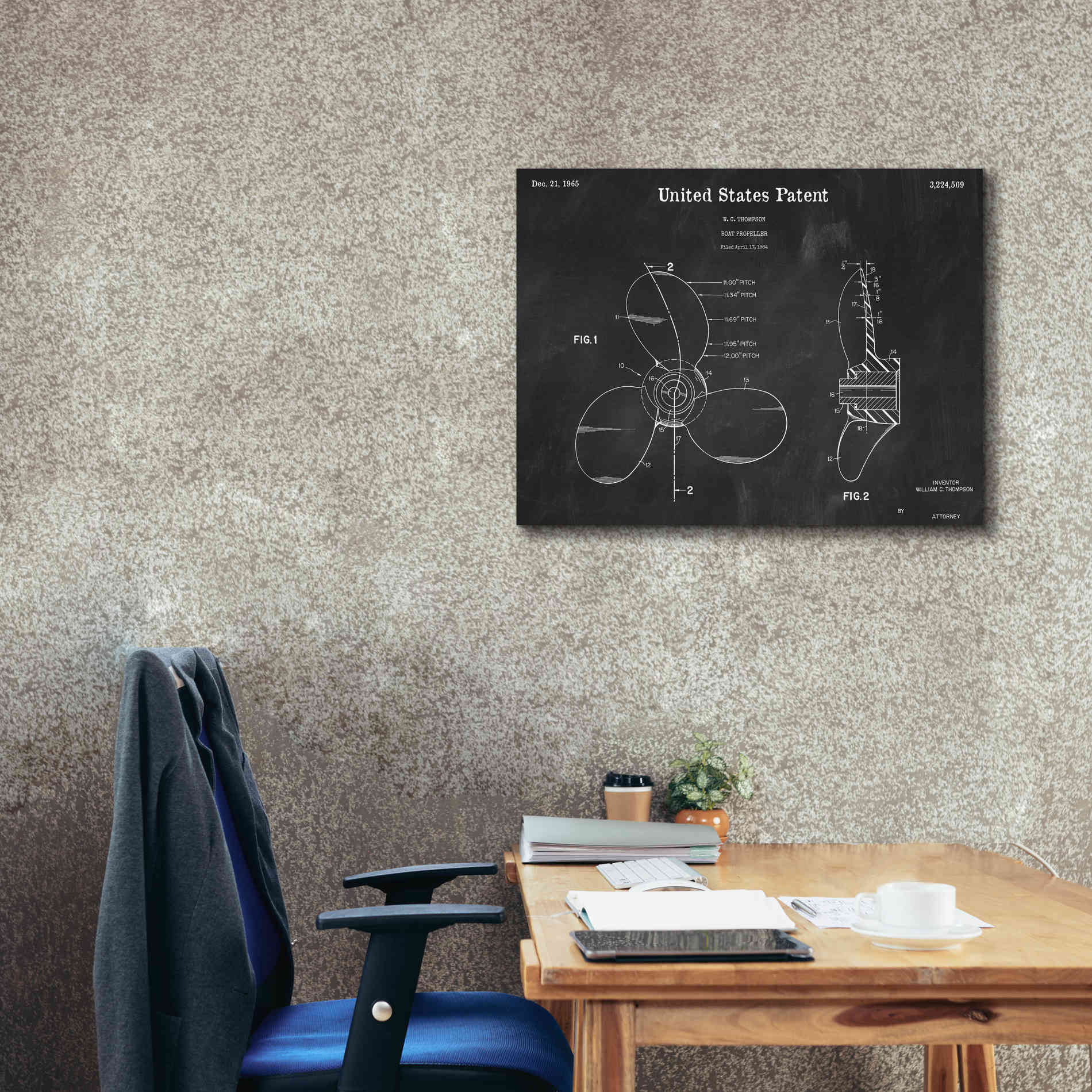 'Boat Propeller Blueprint Patent Chalkboard,' Canvas Wall Art,34 x 26
