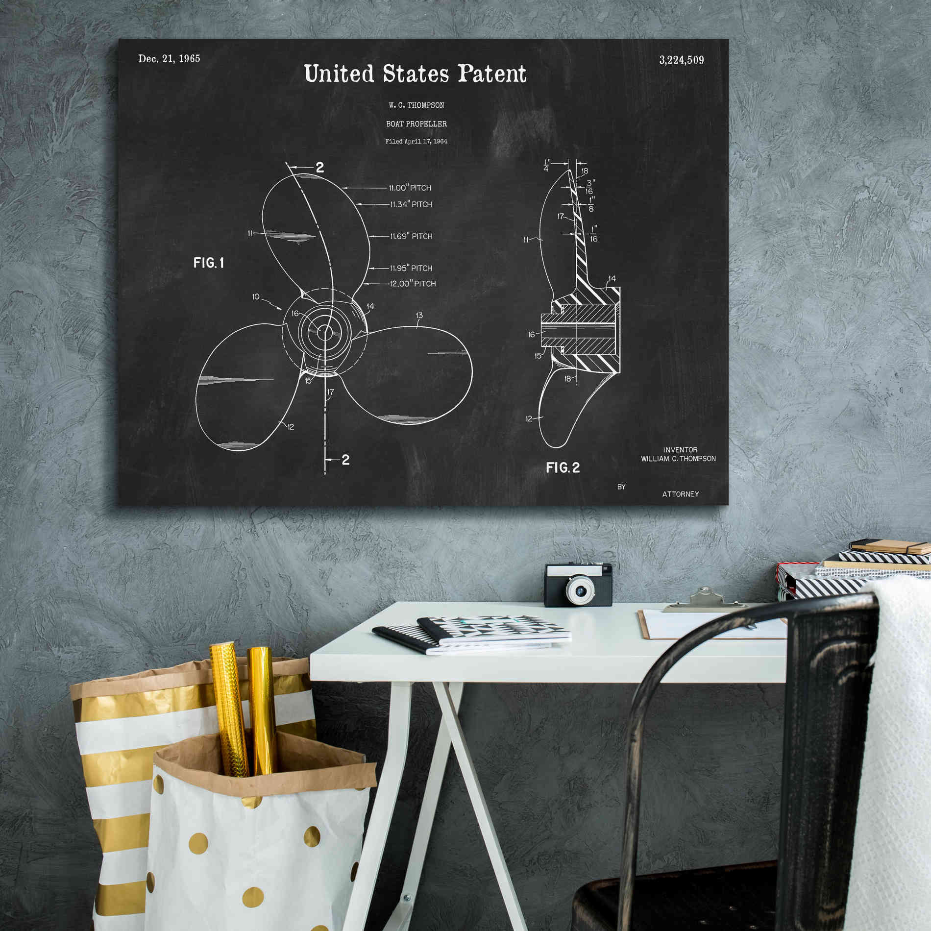 'Boat Propeller Blueprint Patent Chalkboard,' Canvas Wall Art,34 x 26