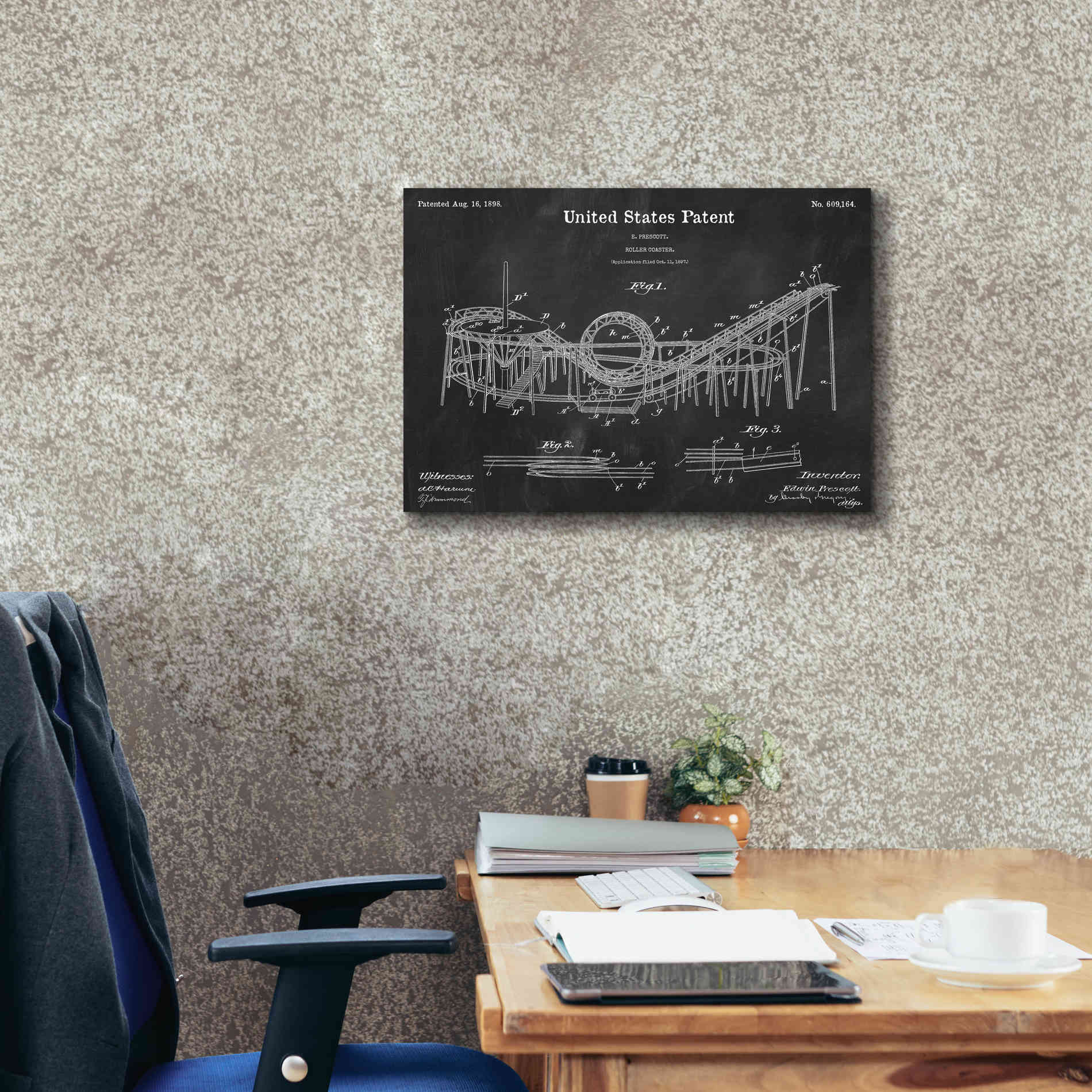 'Roller Coaster Blueprint Patent Chalkboard,' Canvas Wall Art,26 x 18