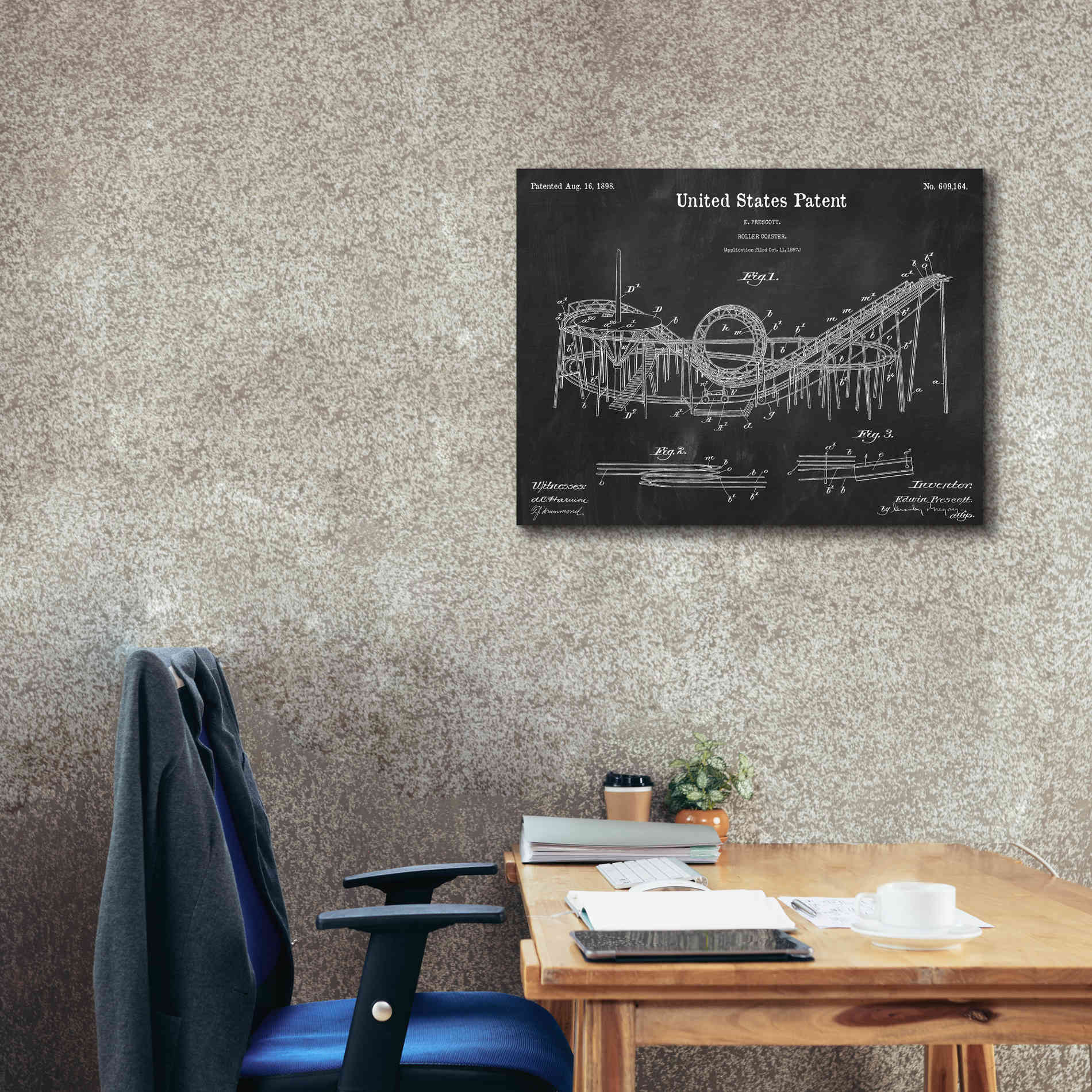 'Roller Coaster Blueprint Patent Chalkboard,' Canvas Wall Art,34 x 26