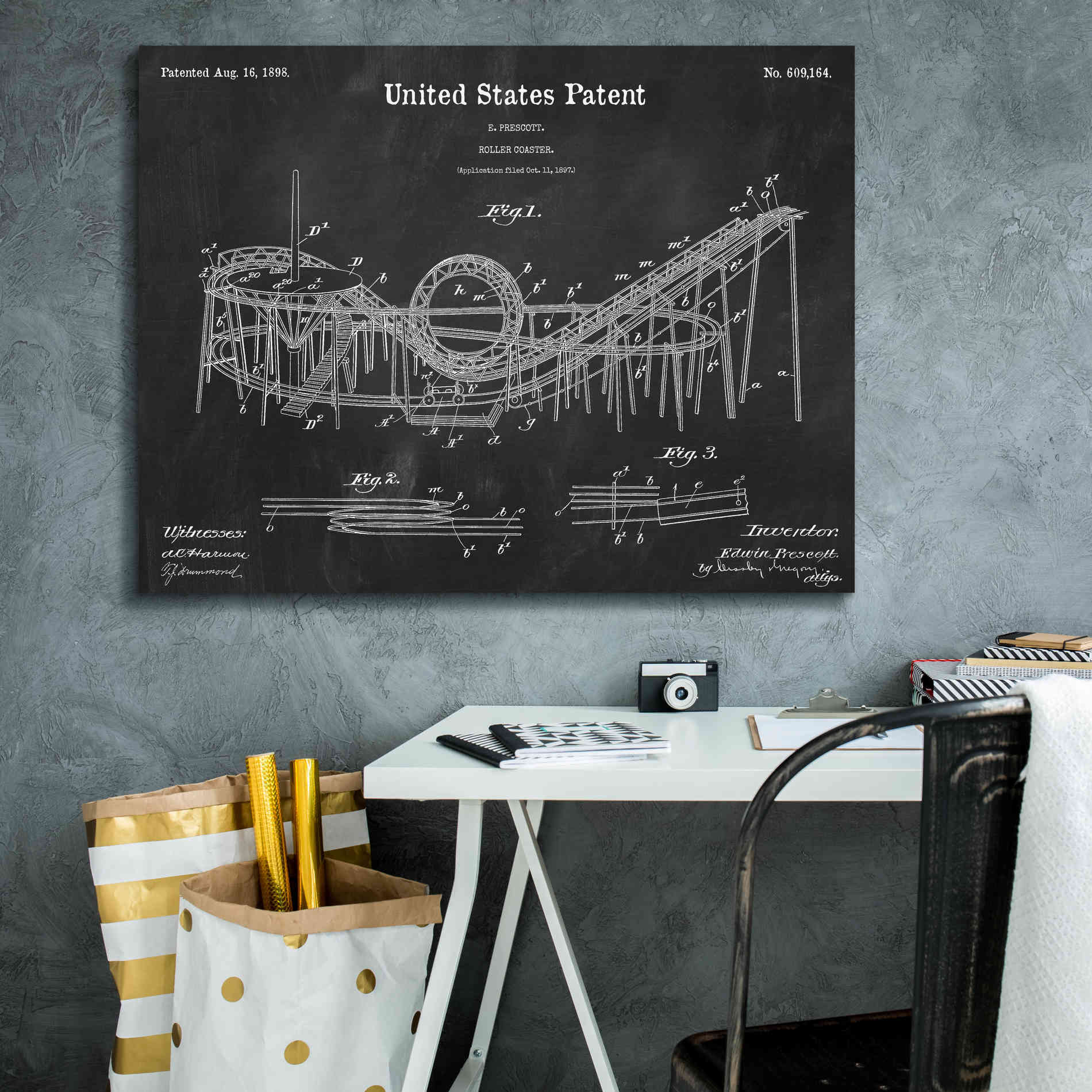 'Roller Coaster Blueprint Patent Chalkboard,' Canvas Wall Art,34 x 26