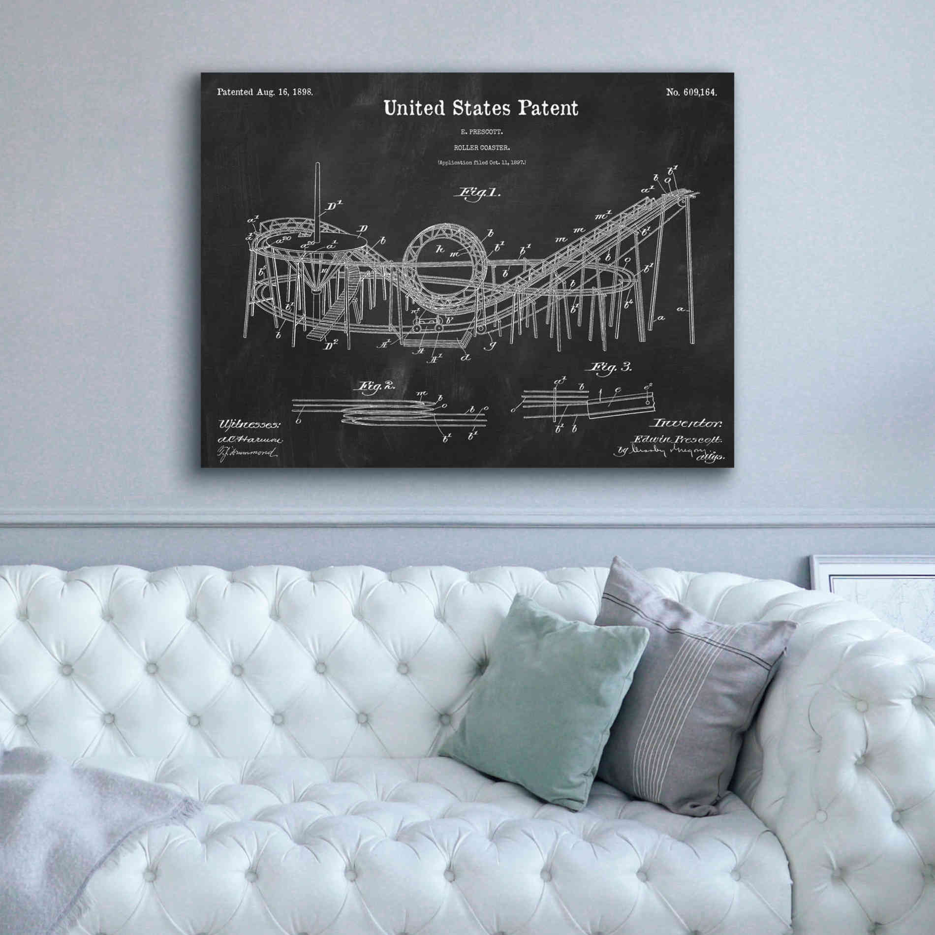 'Roller Coaster Blueprint Patent Chalkboard,' Canvas Wall Art,54 x 40