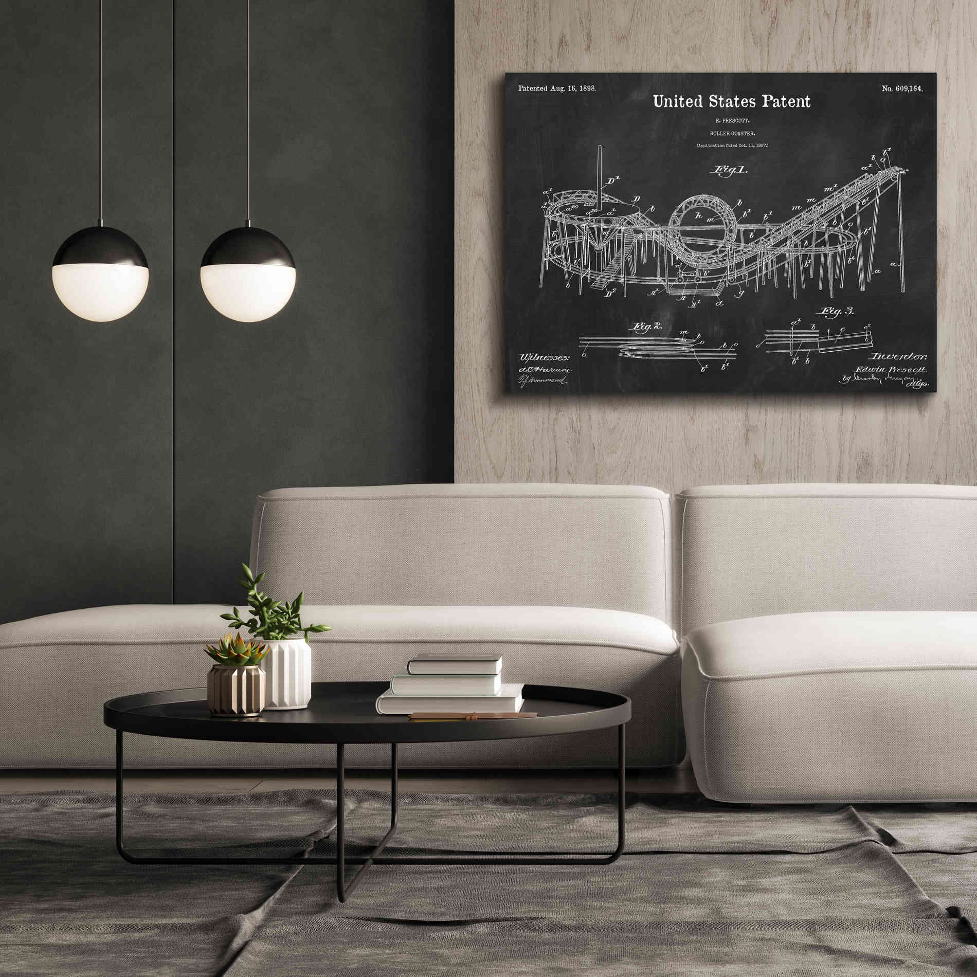 'Roller Coaster Blueprint Patent Chalkboard,' Canvas Wall Art,54 x 40