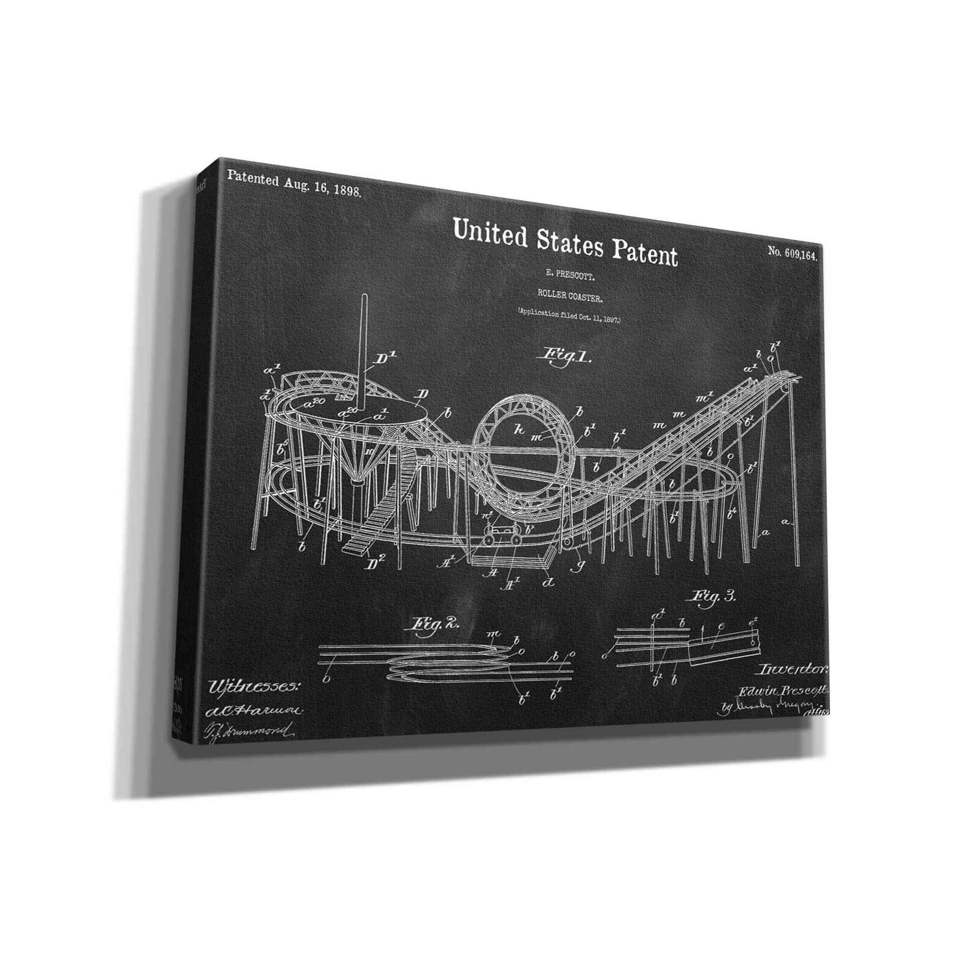 'Roller Coaster Blueprint Patent Chalkboard,' Canvas Wall Art,16x12x1.1x0,26x18x1.1x0,34x26x1.74x0,54x40x1.74x0