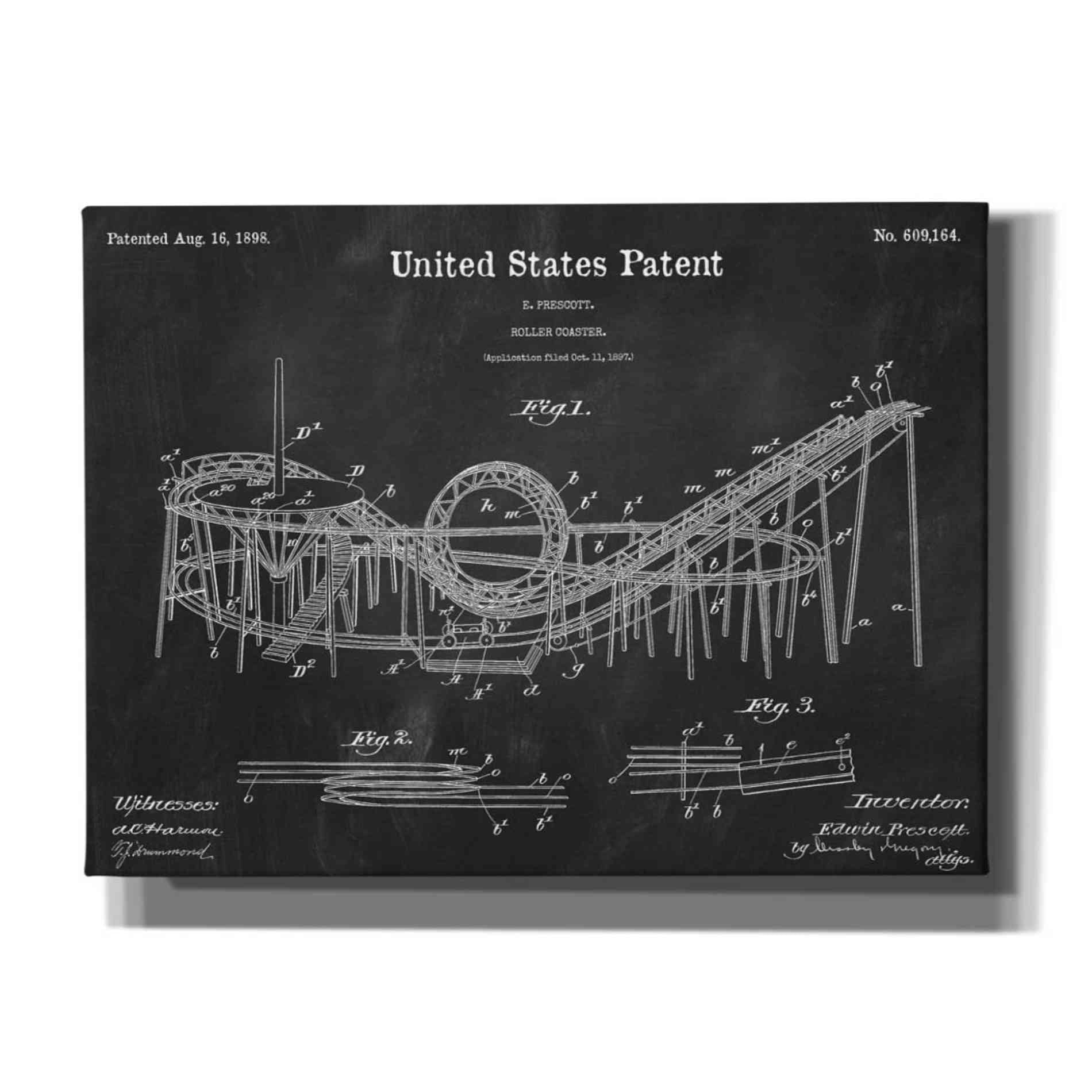 'Roller Coaster Blueprint Patent Chalkboard,' Canvas Wall Art,16x12x1.1x0,26x18x1.1x0,34x26x1.74x0,54x40x1.74x0