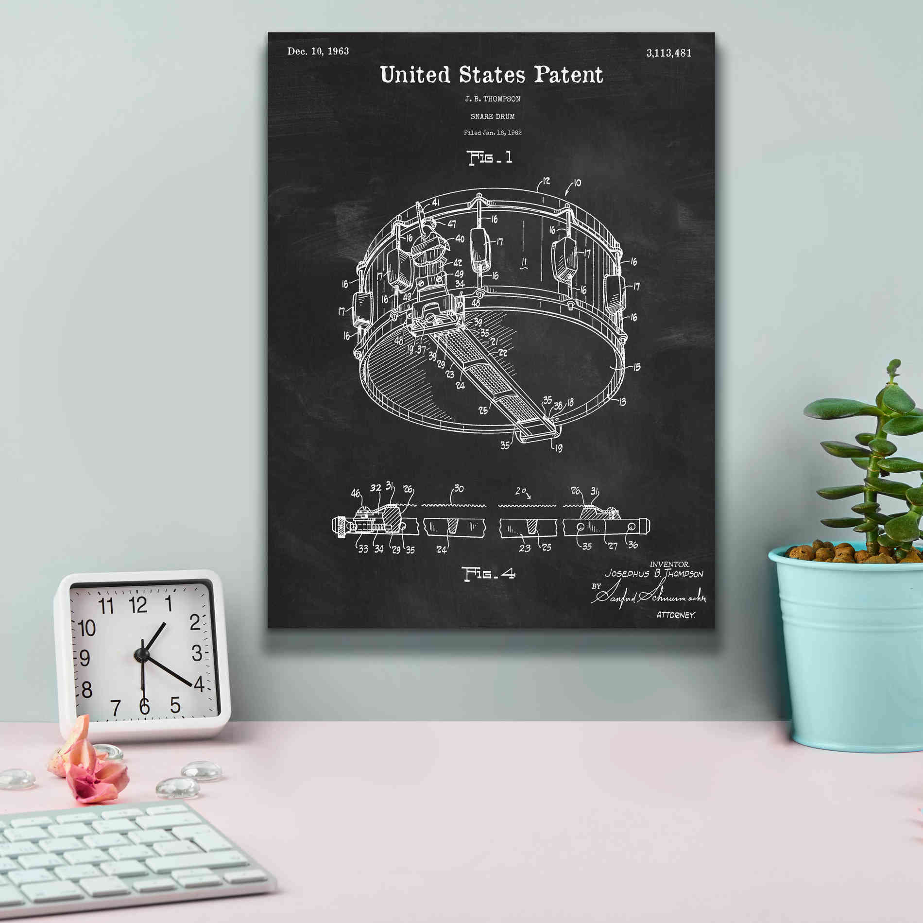 'Snare Drum Blueprint Patent Chalkboard,' Canvas Wall Art,12 x 16