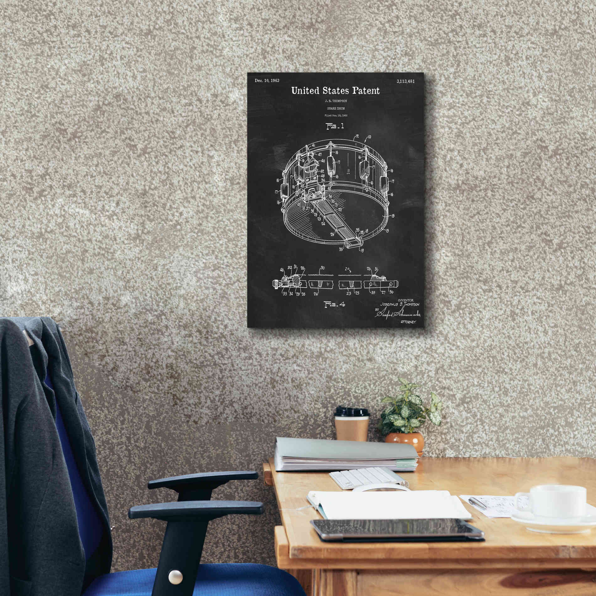 'Snare Drum Blueprint Patent Chalkboard,' Canvas Wall Art,18 x 26