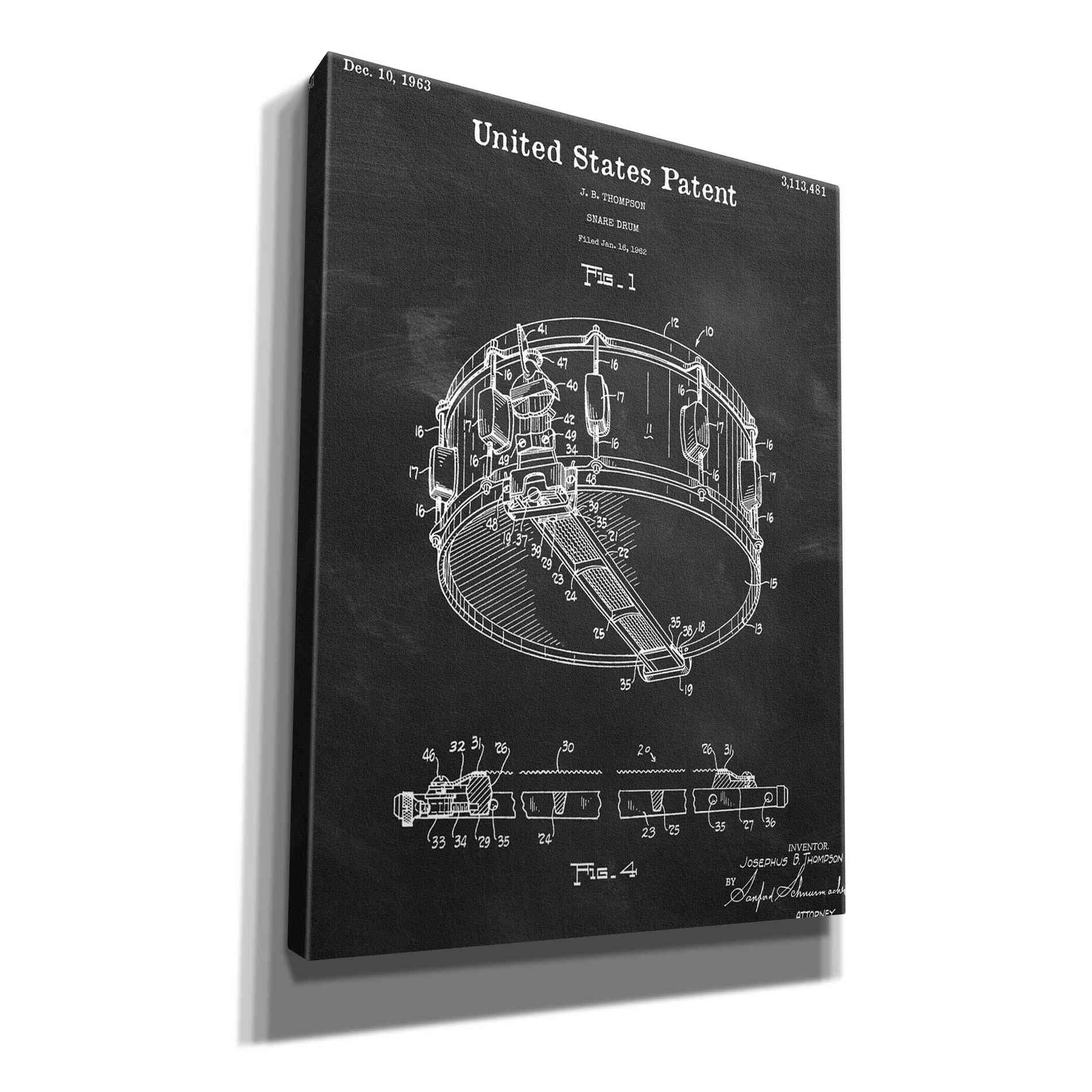 'Snare Drum Blueprint Patent Chalkboard,' Canvas Wall Art,12x16x1.1x0,18x26x1.1x0,26x34x1.74x0,40x54x1.74x0
