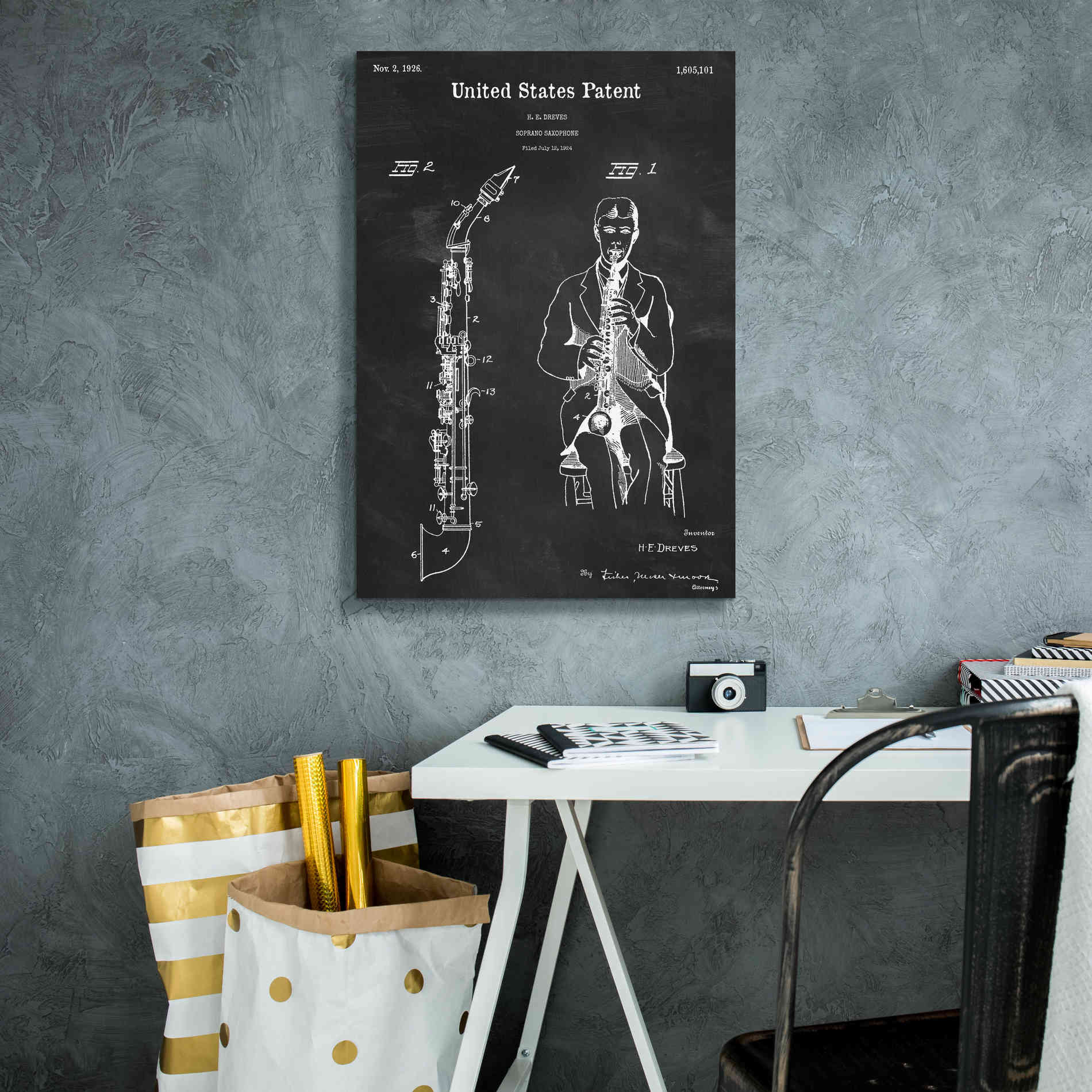 'Soprano Saxophone Blueprint Patent Chalkboard,' Canvas Wall Art,18 x 26
