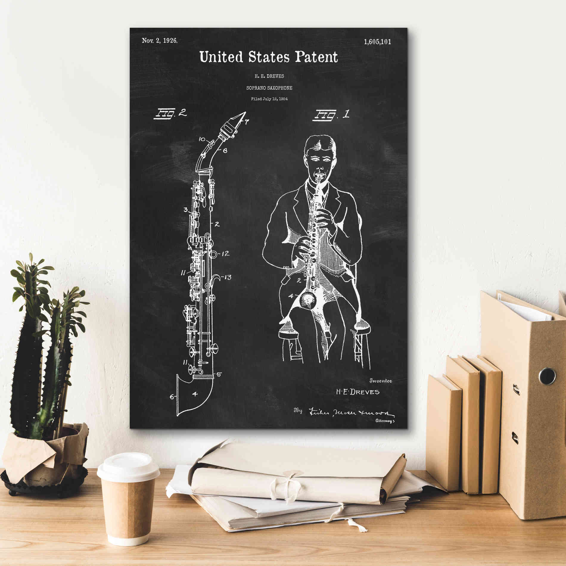 'Soprano Saxophone Blueprint Patent Chalkboard,' Canvas Wall Art,18 x 26